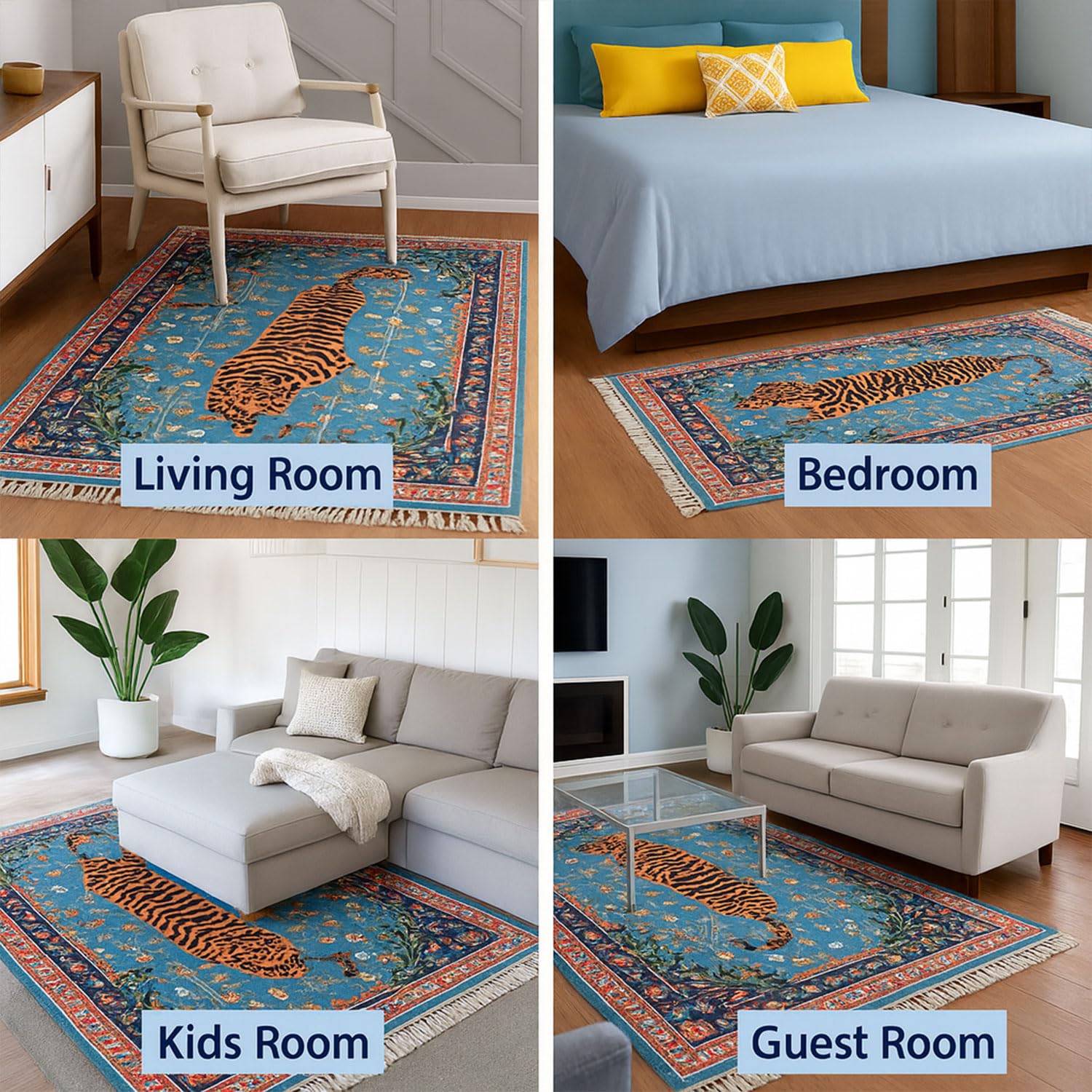 Polyester Blue Tiger Design Carpets with Tassel Latex Backing (3x5ft , Multi)