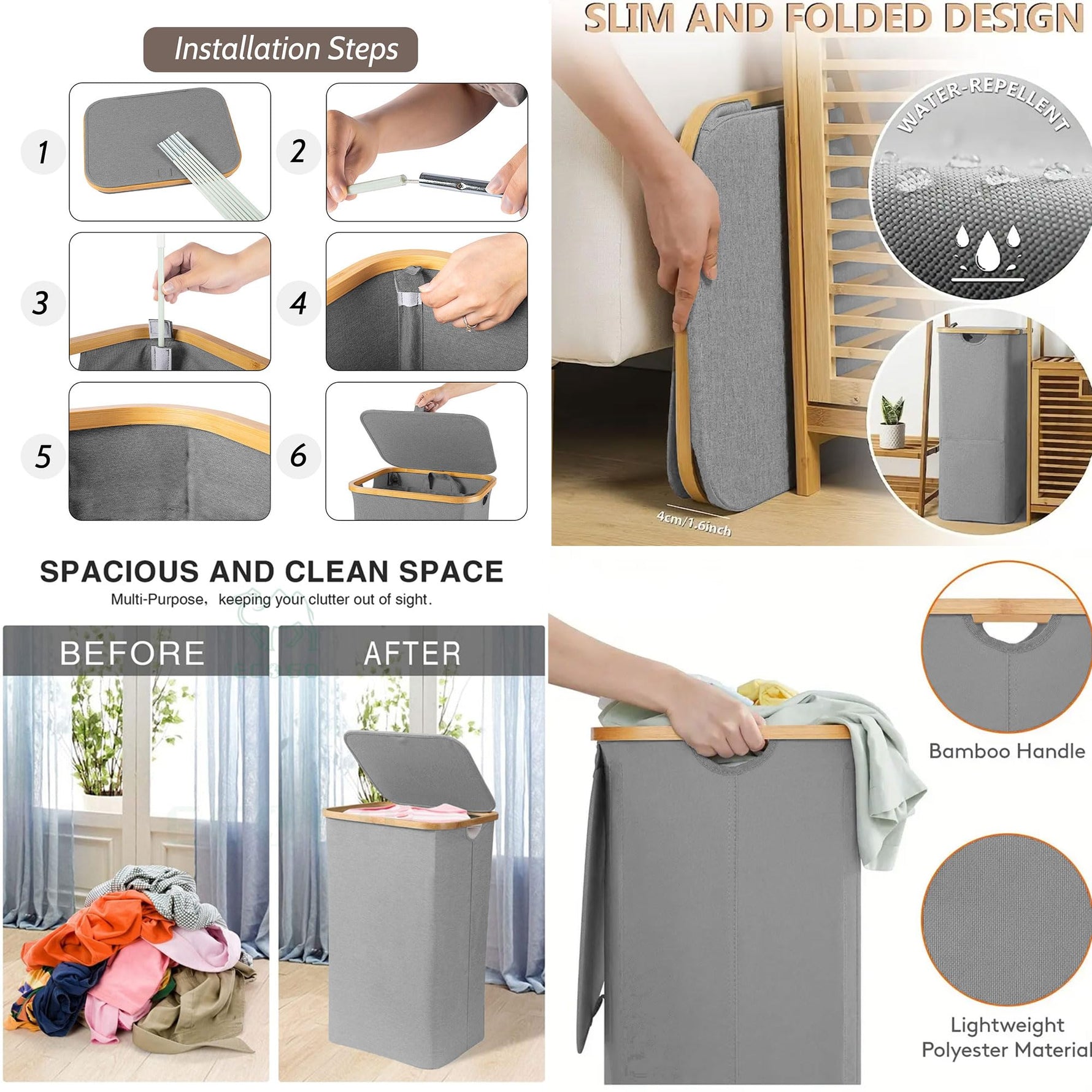 Tall Laundry Hamper with Bamboo Frame  (40L x 30W x 60H cm ,Grey)