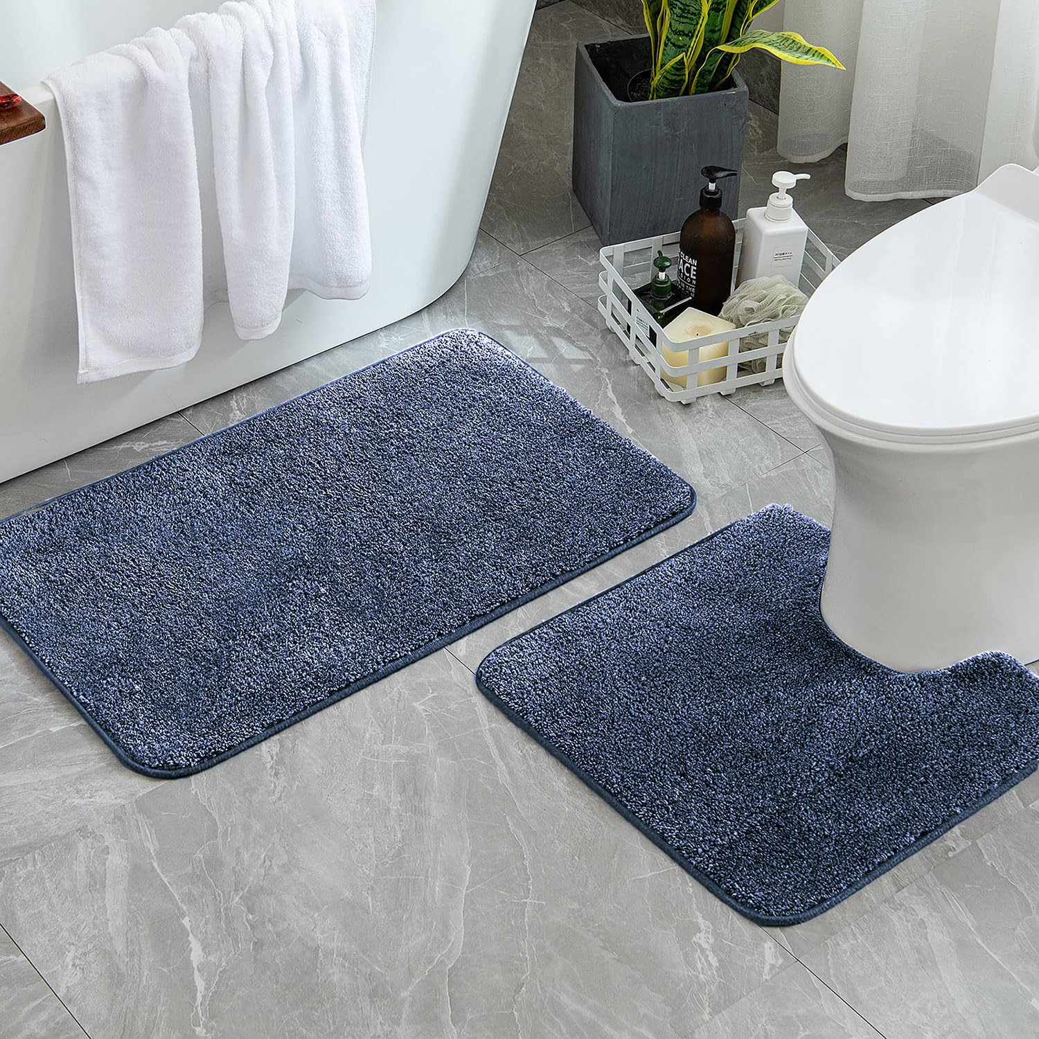 Newman Polyester Contour Bath Mat Set of 2 (Navy Blue 45x75 cm & 40x45)