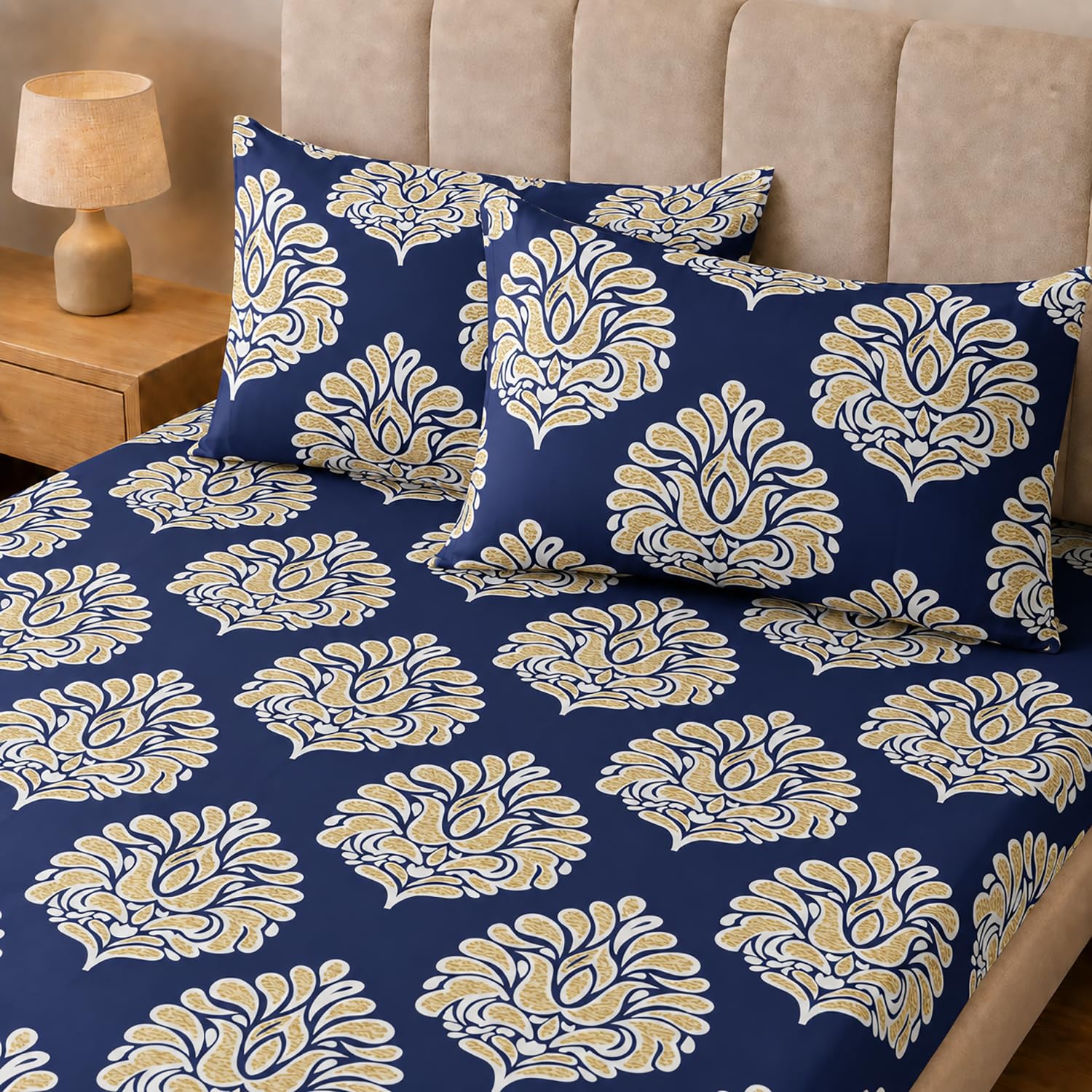 Double Bedsheet with 2 Pillow Covers Premium 240 TC 100% Cotton Feel ( King SizeNavy 108x108 inch )
