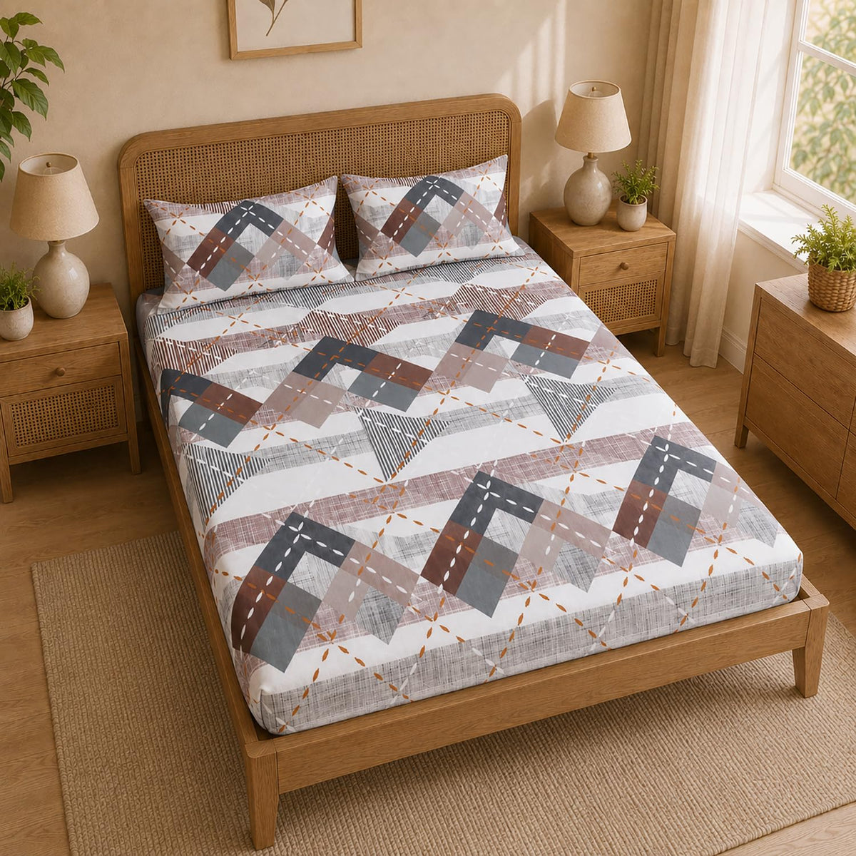 Double Bedsheet With 2 Pillow Covers Triangle Pattern 200 TC 100% Cotton Feel (Queen Size 90x90 Inch Grey Set Of 3 )