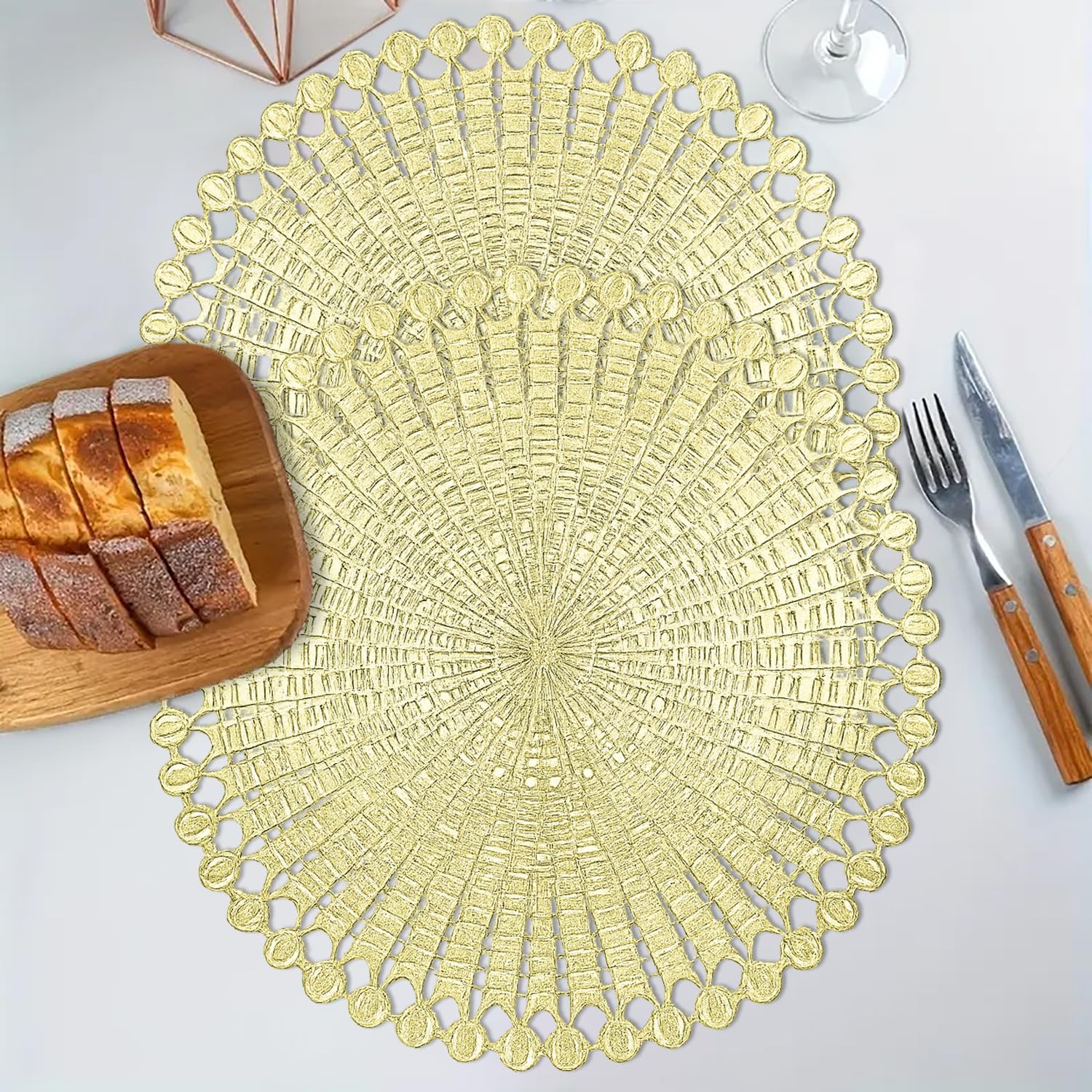 LUXE HOME INTERNATIONAL PVC Vinyl Metallic Table Round Placemats for Dining Table Gold, Heat Resistant & Waterproof | Easy to Clean Decorative Dining Mats - (Set of 2) ST055TJ-3MJ