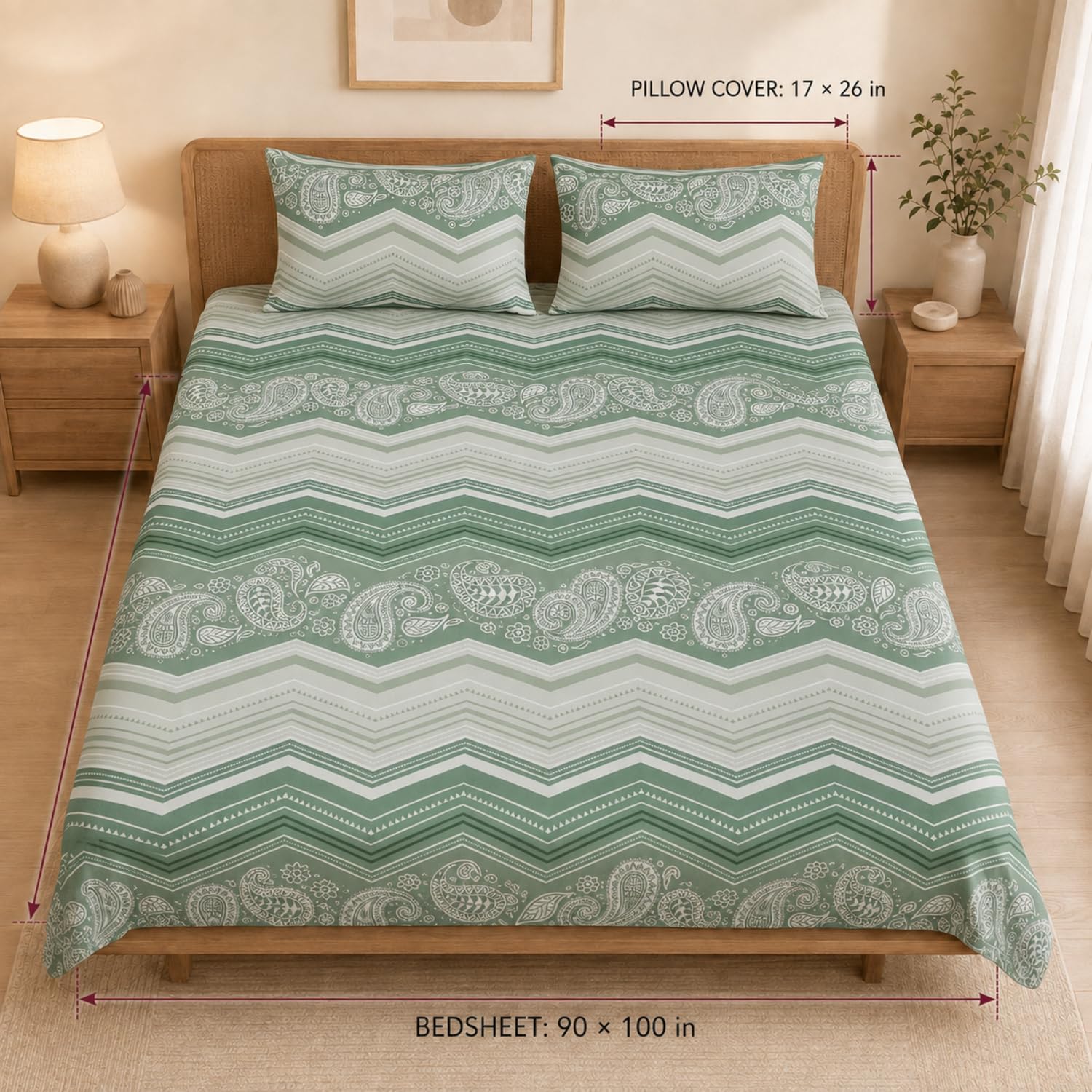 Double Bedsheet with 2 Pillow Covers 220 TC 100% Cotton Feel ( King Size Green 90x100inch )