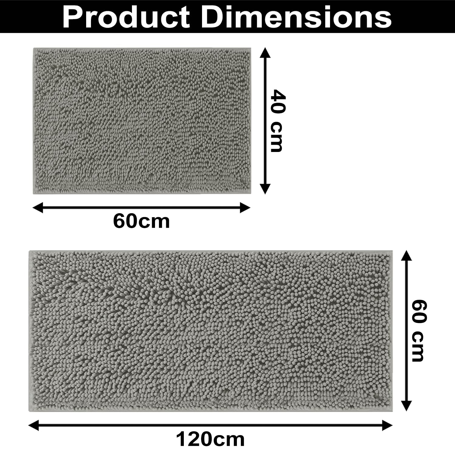 Chenille Super Absorbent Bath Mats  Pack of 2 (40x60cm 60x120cm Grey)