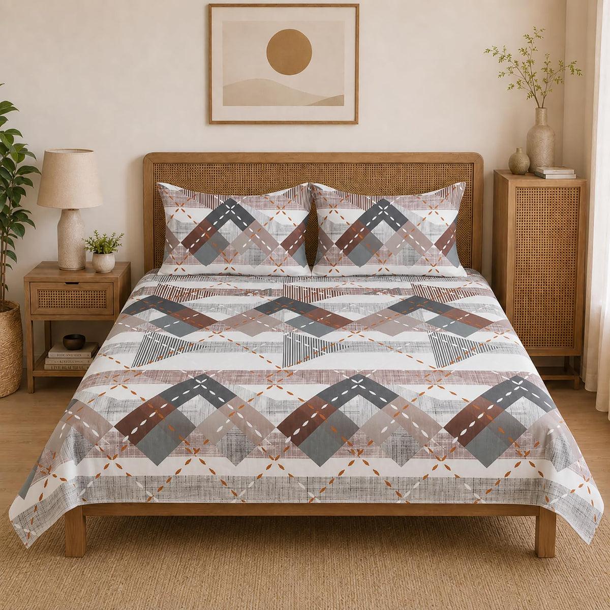 Double Bedsheet With 2 Pillow Covers Triangle Pattern 200 TC 100% Cotton Feel (Queen Size 90x90 Inch Grey Set Of 3 )