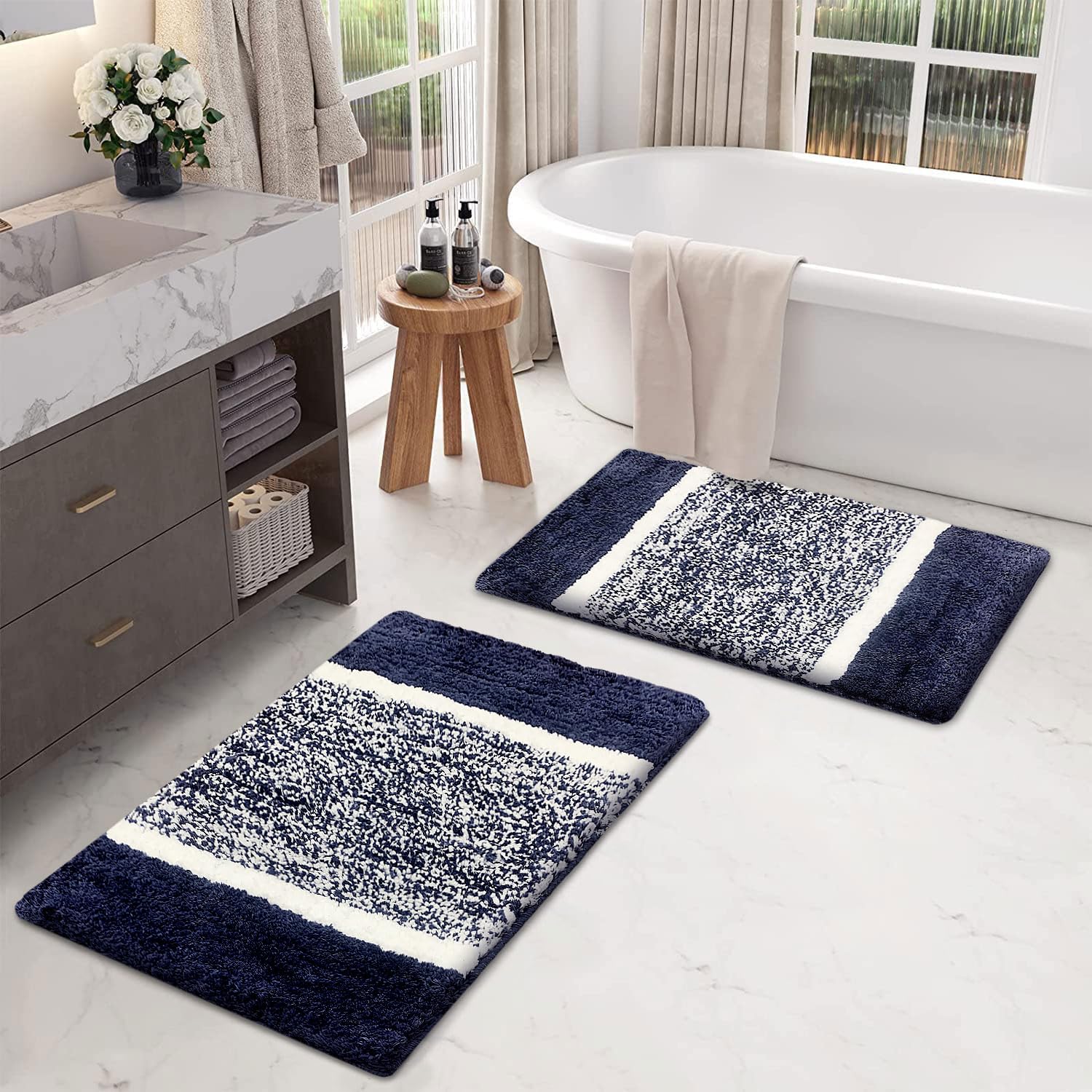 Columbia Bath Mat for Bathroom Pack of 2 (Navy Blue, 38x58 cm)