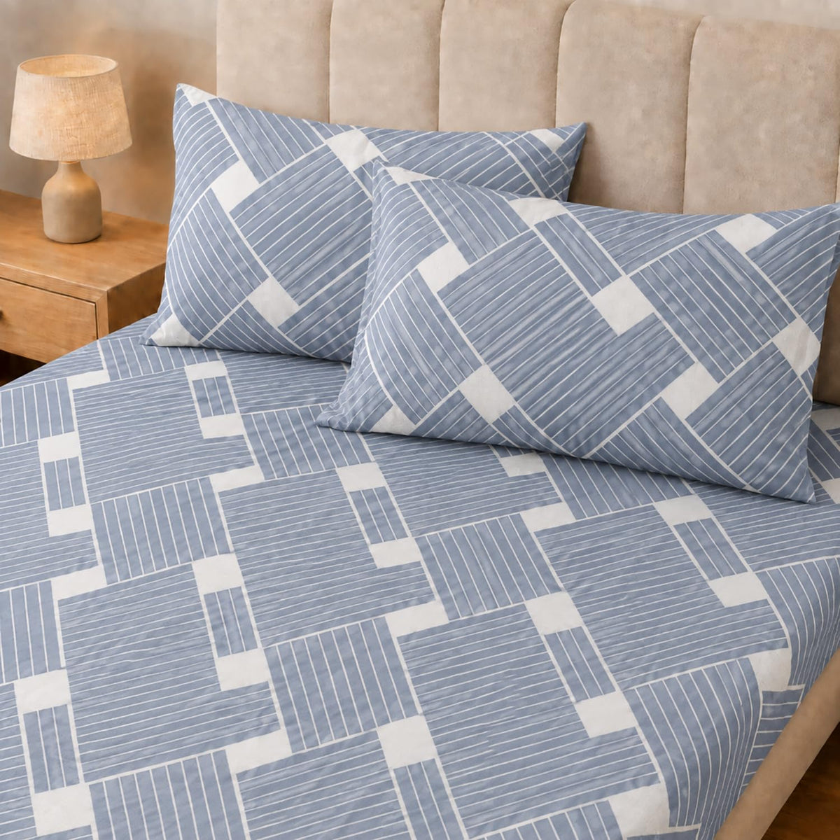 King Size Double Bedsheet with 2 Pillow Covers Premium Sky Grid Weave Printed 90x100inch