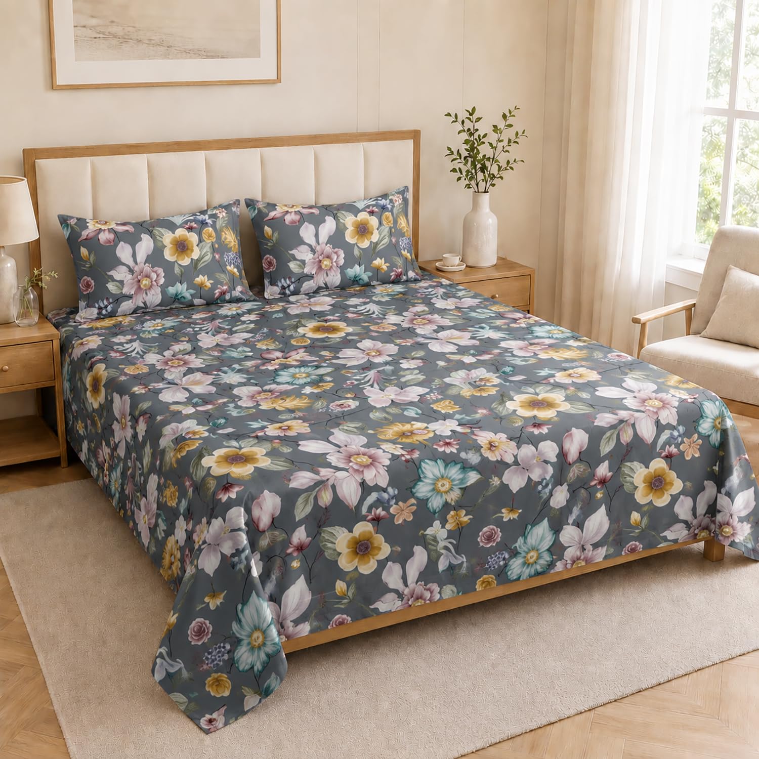 Double Bedsheet with 2 Pillow Covers Premium 240 TC 100% Cotton Feel ( King Size Charcoal 108x108 inch )