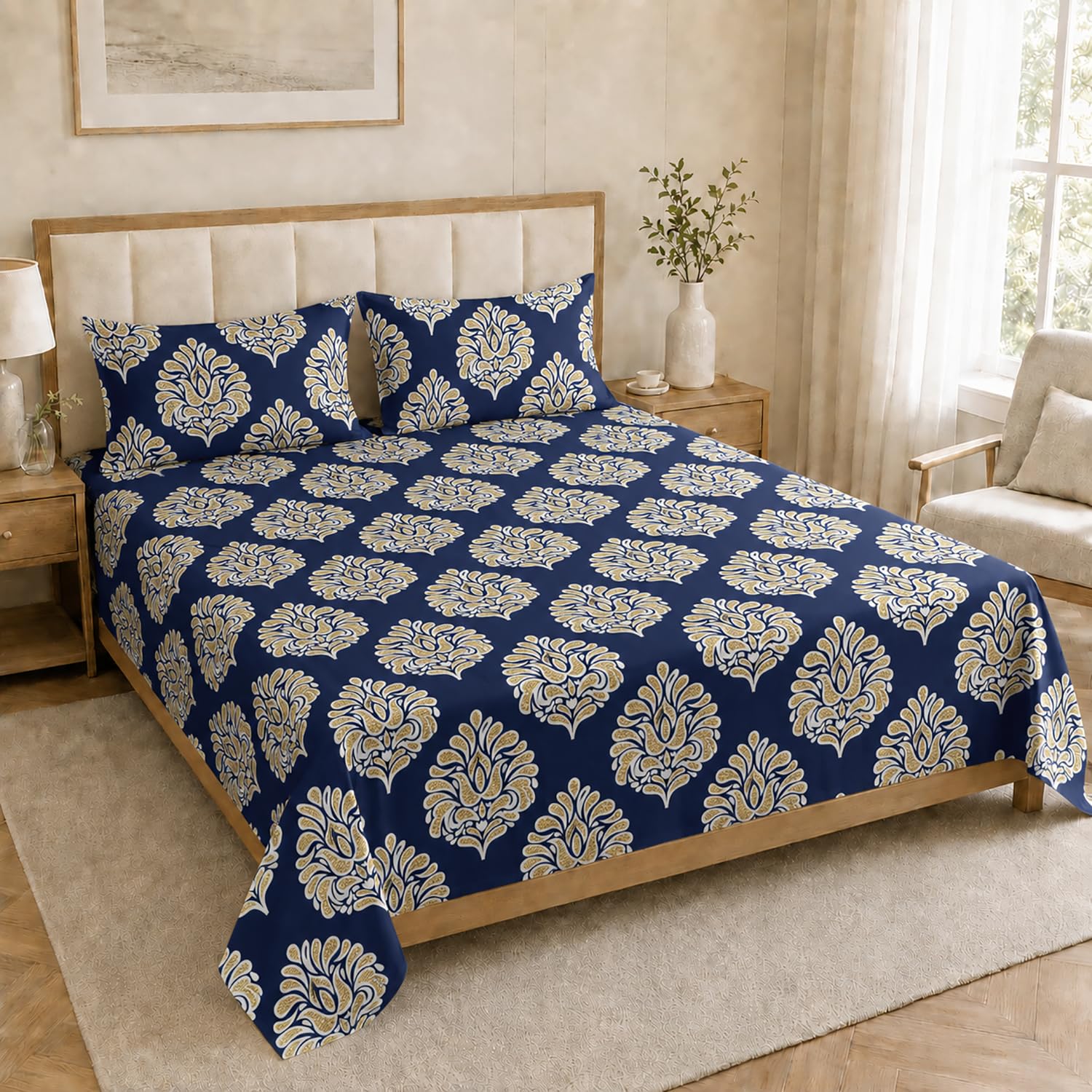 Double Bedsheet with 2 Pillow Covers Premium 240 TC 100% Cotton Feel ( King SizeNavy 108x108 inch )