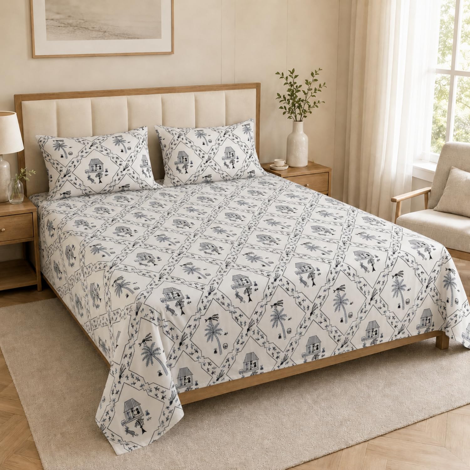 Double Bedsheet with 2 Pillow Covers Premium Indigo Village Toile Printed Soft & Breathable Bed Sheet for King Size Wrinkle Free All-Season Blue 90x100inch