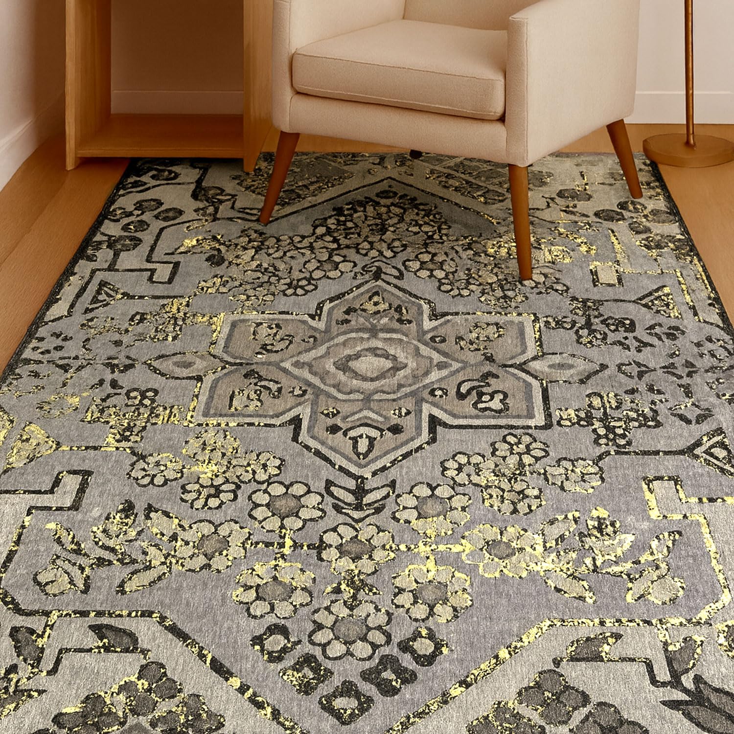 Polyester Stone Mosaic Carpet for Bedroom (4x6 Feet, Multicolor)
