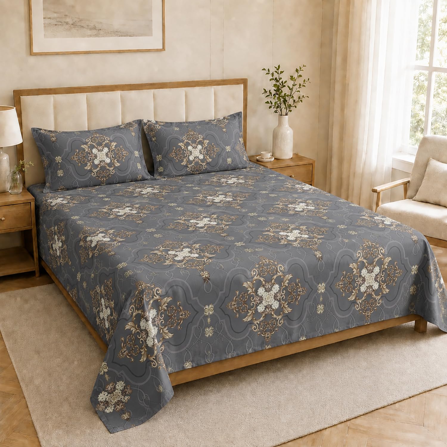 King Size Double Bedsheet with 2 Pillow Covers Premium Regal Medallion Printed 90x100inch