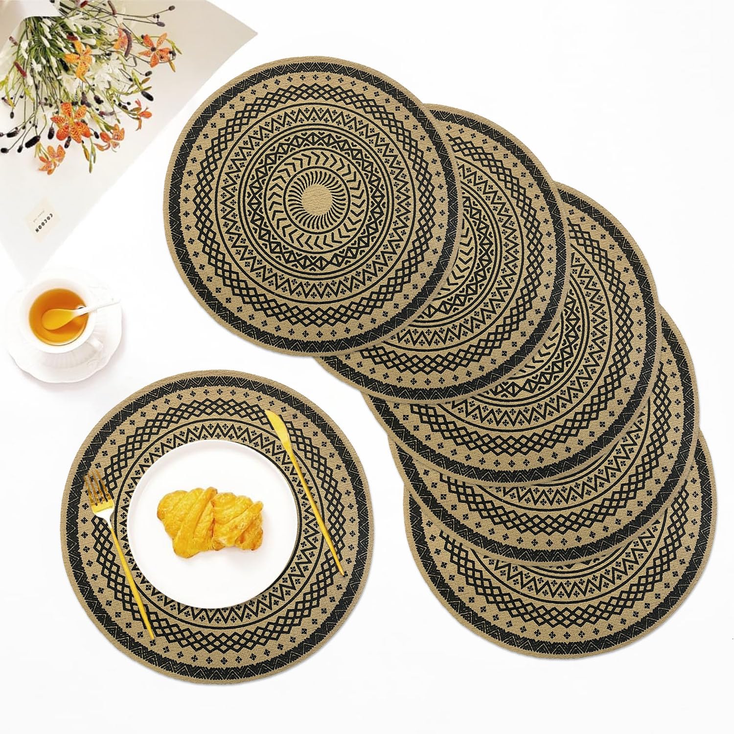 LUXE HOME INTERNATIONAL PVC Vinyl Metallic Table Round Placemats for Dining Table Mandala Black, Heat Resistant & Waterproof | Easy to Clean Decorative Dining Mats - (Set of 6) STSWY0077