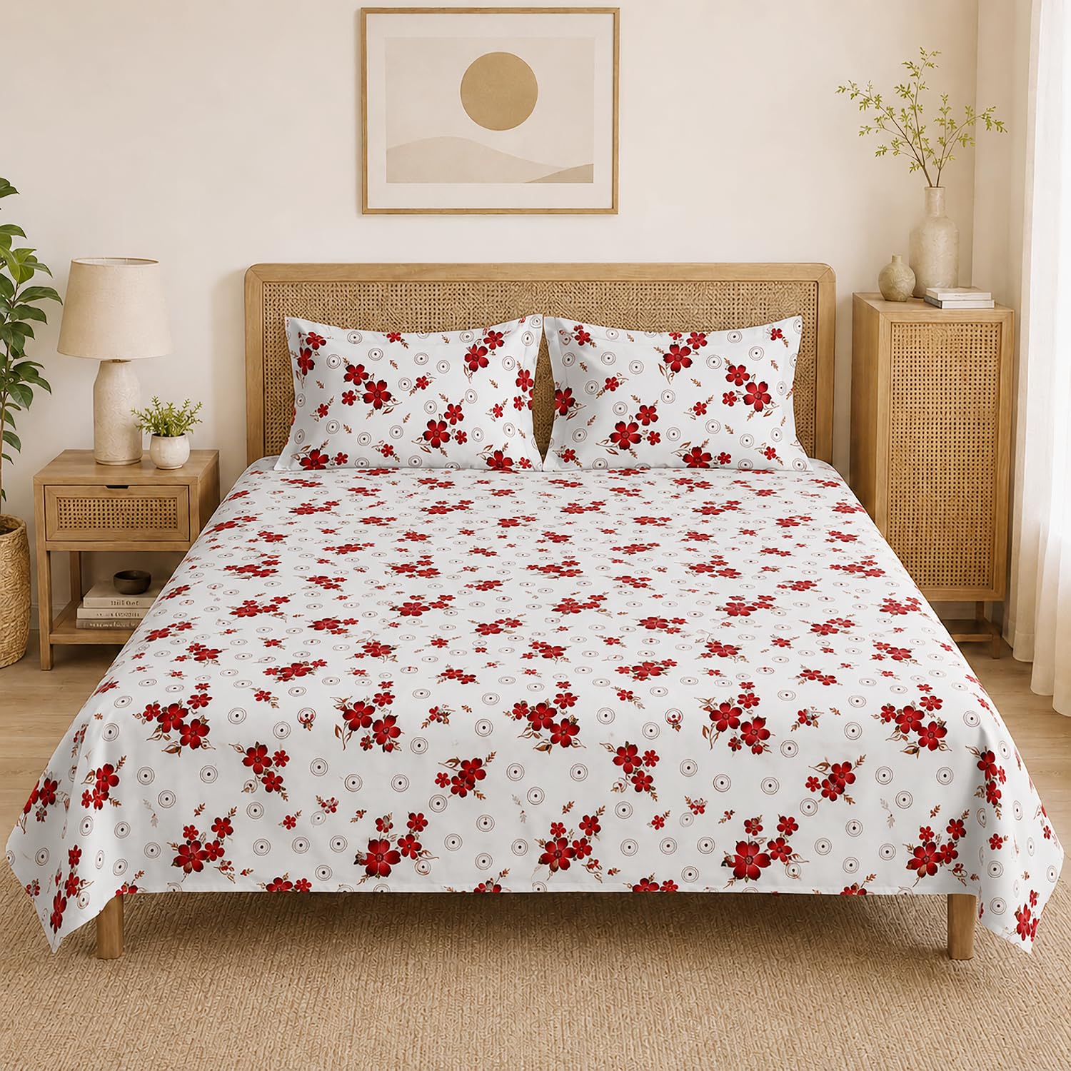 Double Bedsheet With 2 Pillow Covers Circle Pattern 200 TC 100% Cotton Feel ( Queen Size 90x90 Inch Yellow Set Of 3 )