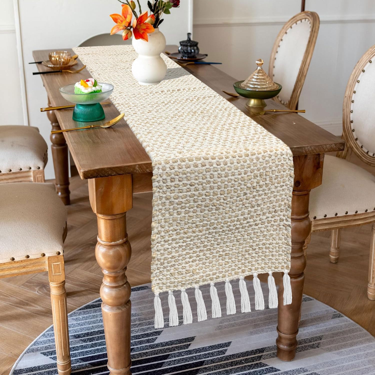 Table Runner with Tassels Honeycomb (Elegant Beige & White Woven  13 x 74 Inch)