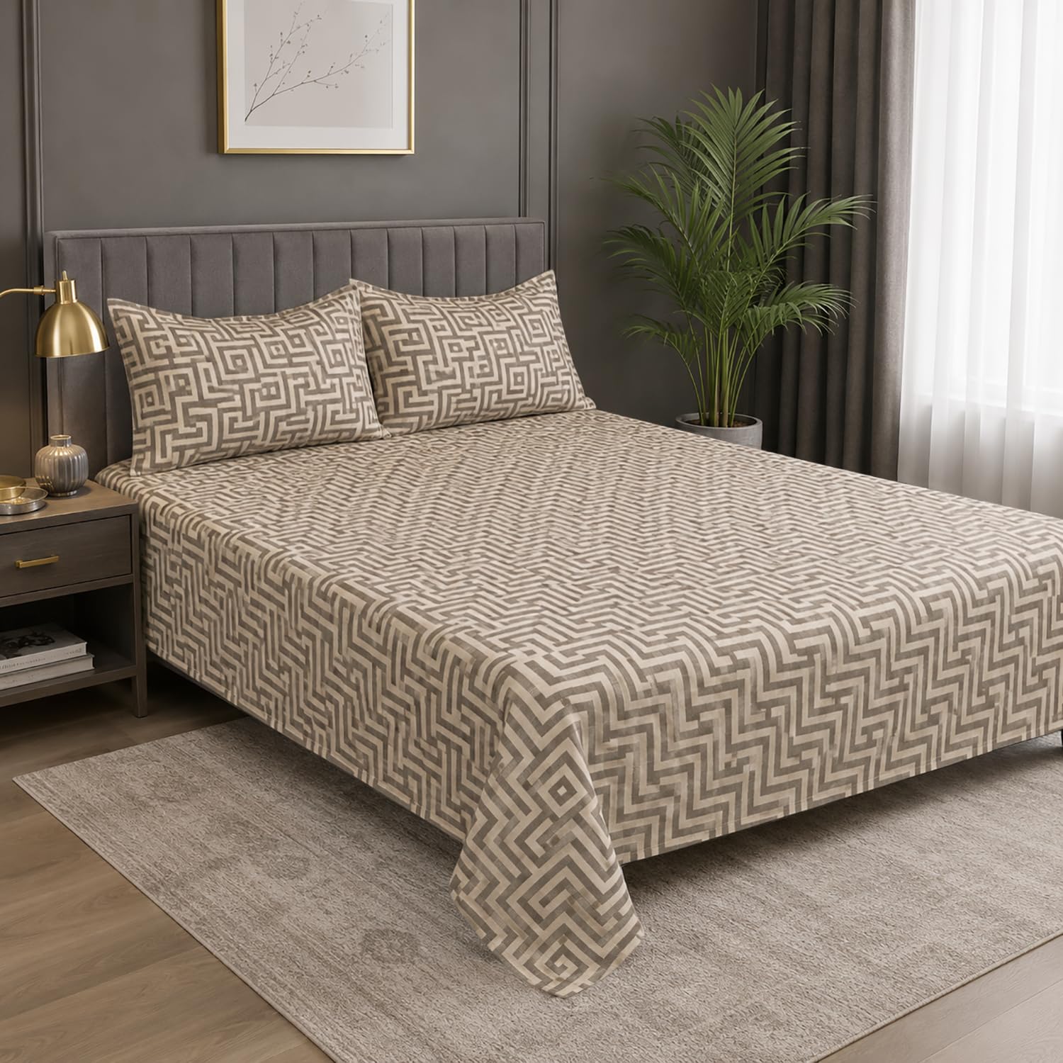 King Size Double Bedsheet with 2 Pillow Covers Premium Geometric Maze Printed 108x108inch