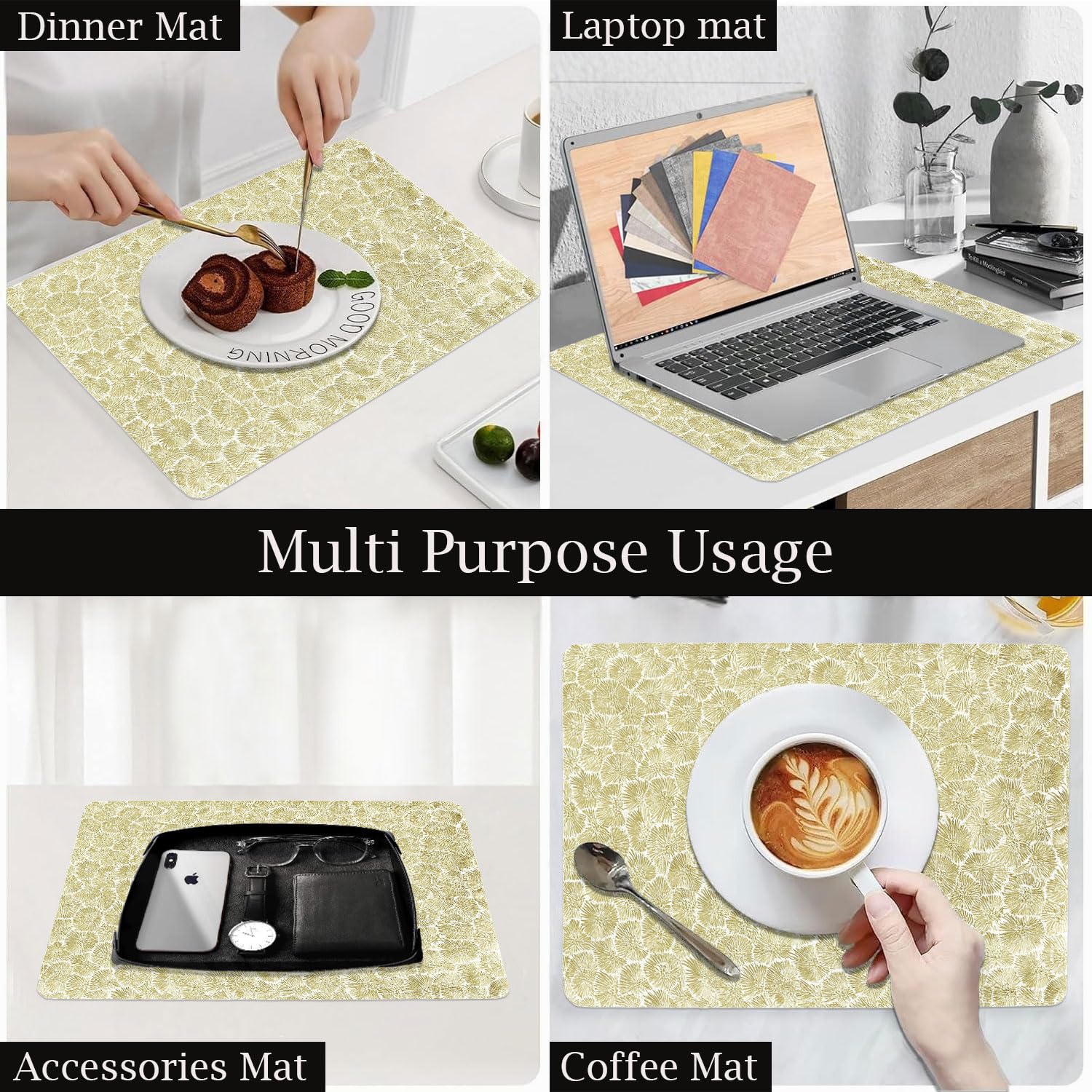 Floral Design Placemat for Dining Table  Set of 4(30x45 CM Gold)