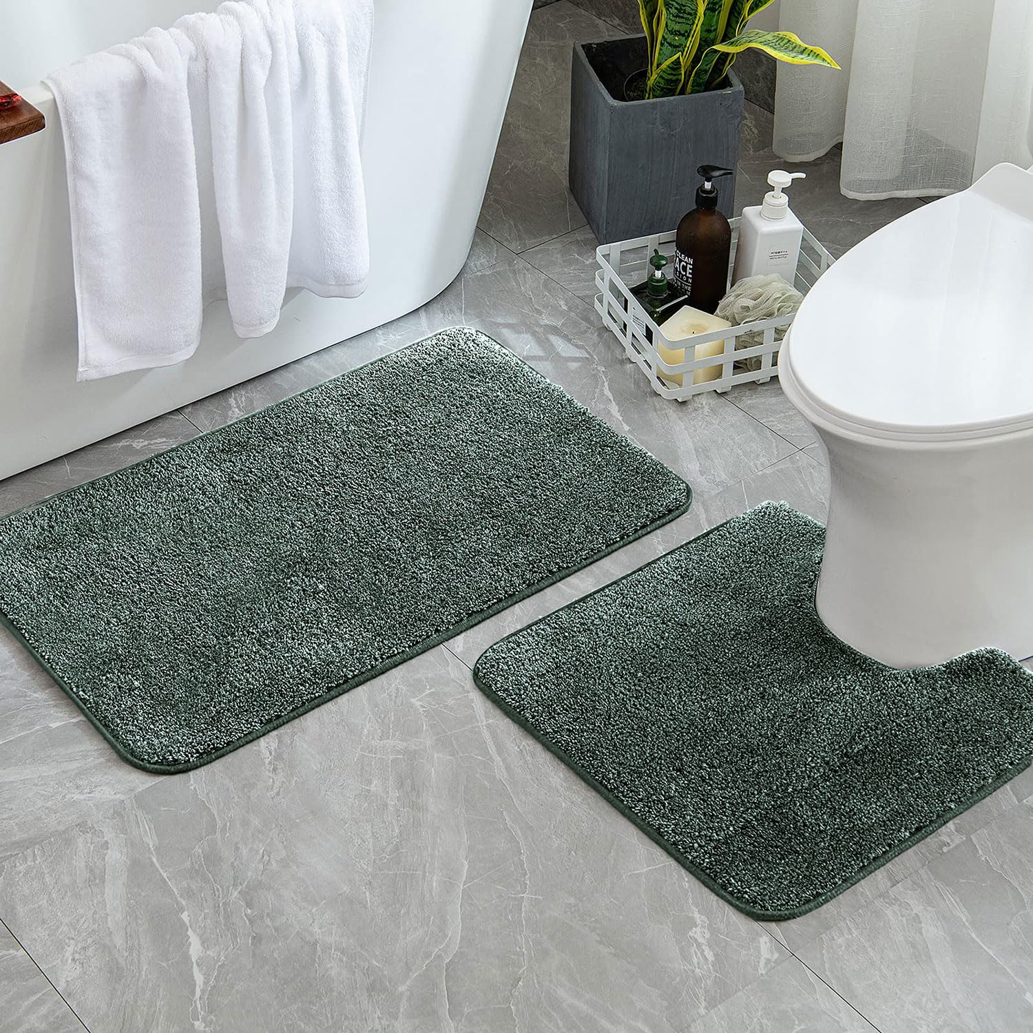 Newman Polyester Contour Bath Mat Set of 2 (Hunter Green 45x75 cm & 40x45)