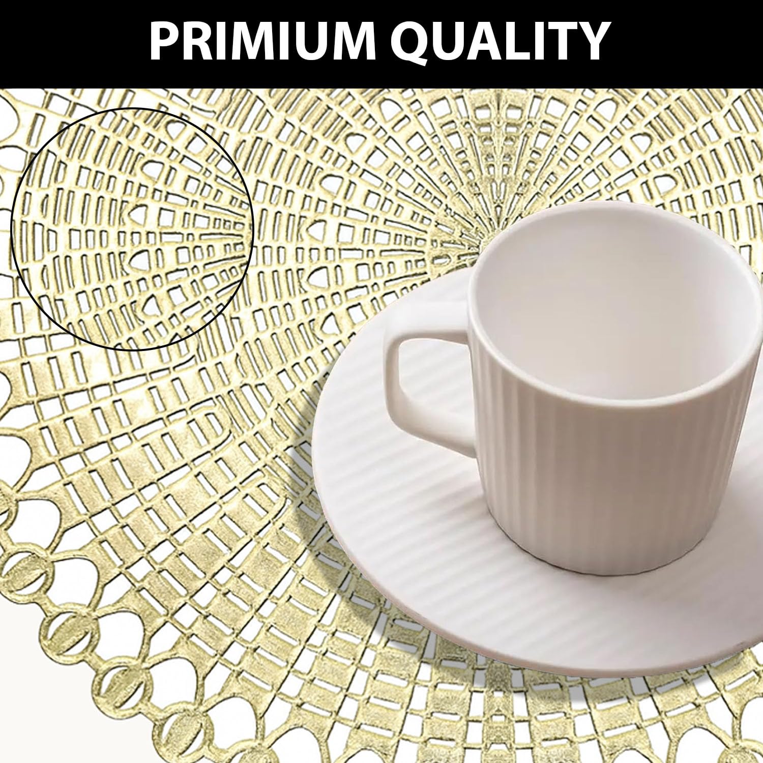 LUXE HOME INTERNATIONAL PVC Vinyl Metallic Table Round Placemats for Dining Table Gold, Heat Resistant & Waterproof | Easy to Clean Decorative Dining Mats - (Set of 2) ST055TJ-3MJ