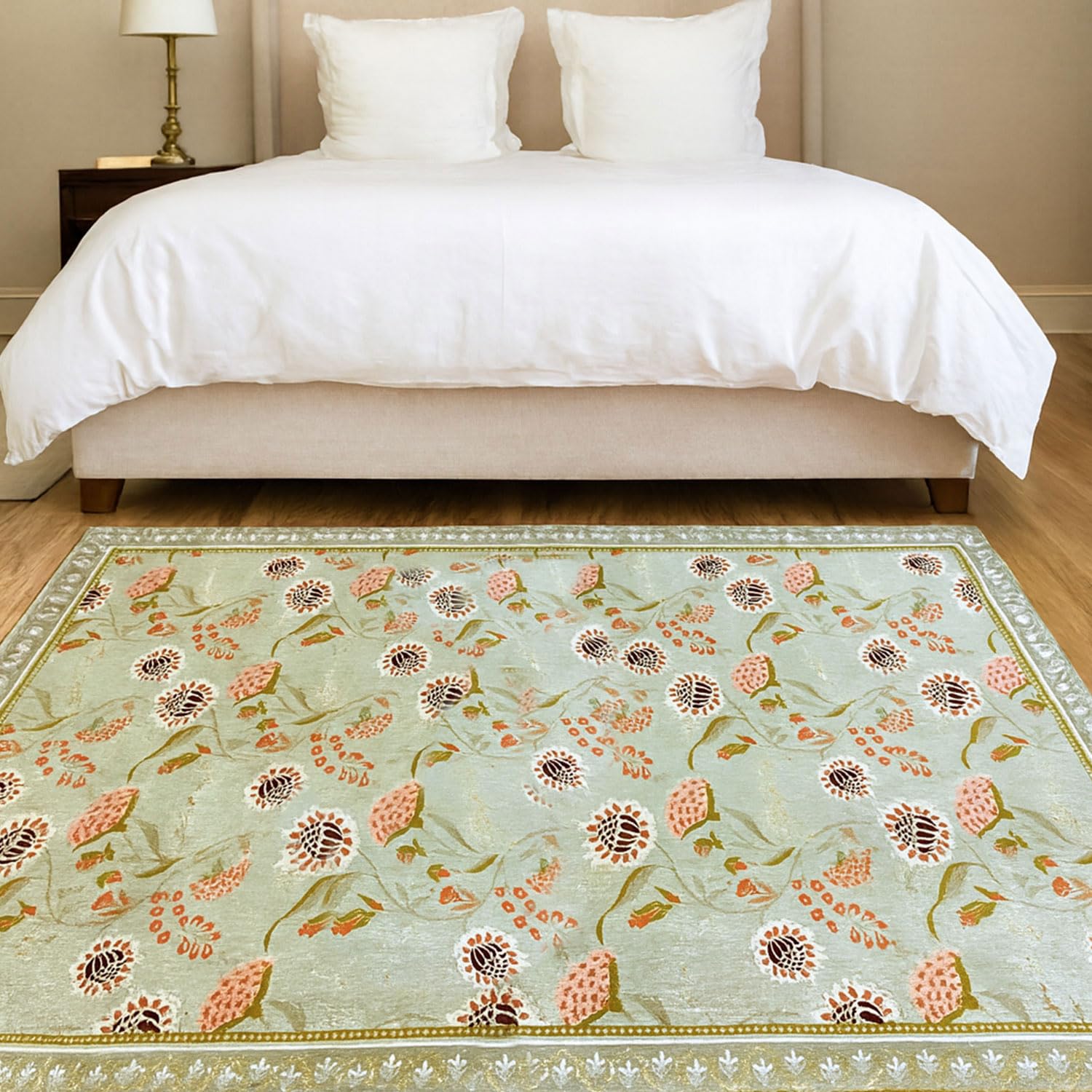 Polyester Floral Mist Carpet for Bedroom (5x7 Feet, Multicolor)