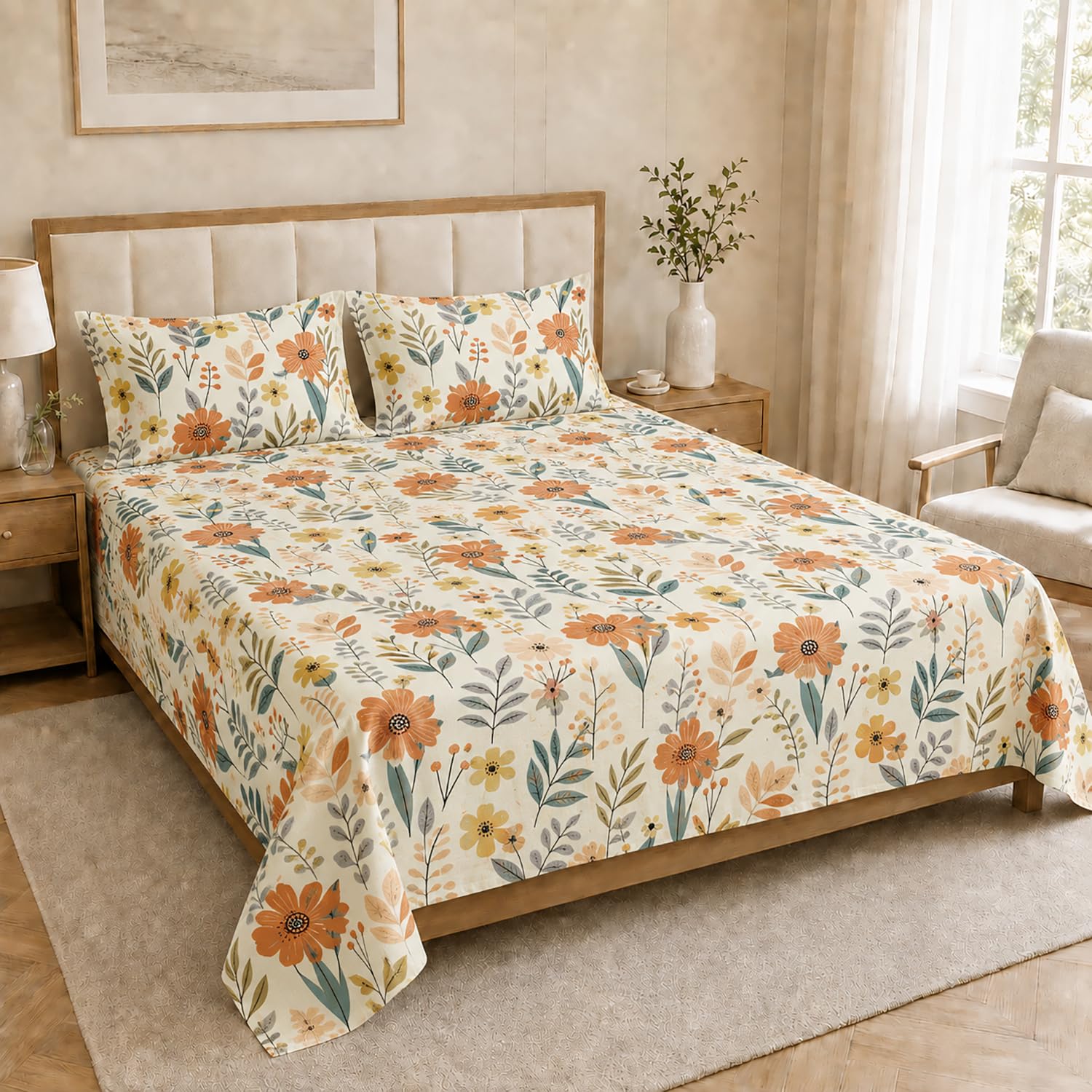 Double Bedsheet with 2 Pillow Covers 220 TC 100% Cotton Feel ( Mustard , 90x100inch )