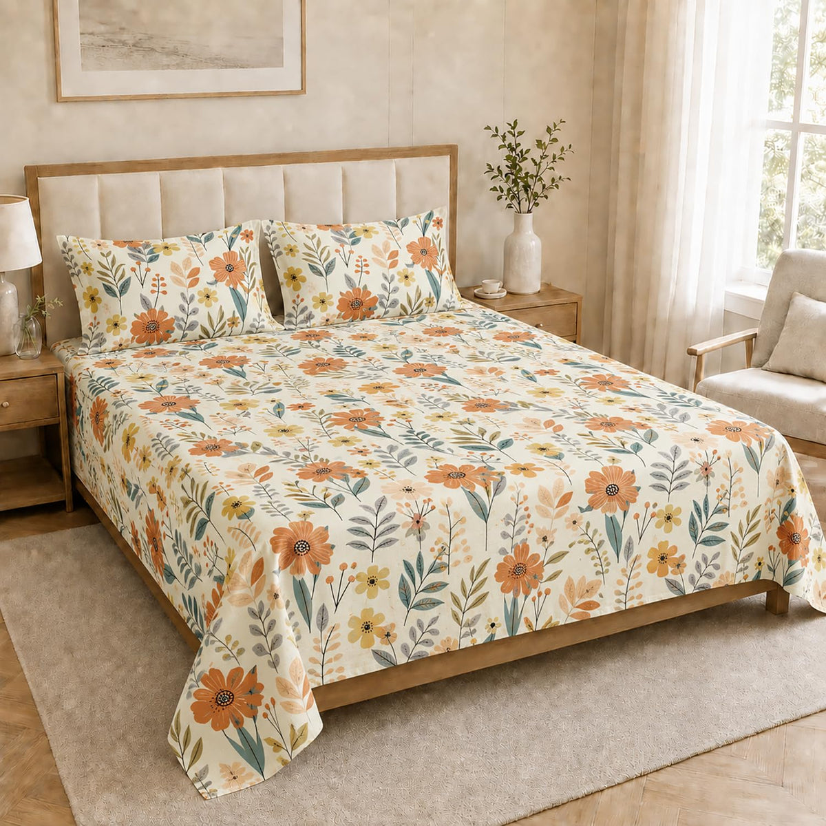 King Size Double Bedsheet with 2 Pillow Covers Premium Autumn Meadow Floral Printed 90x100inch