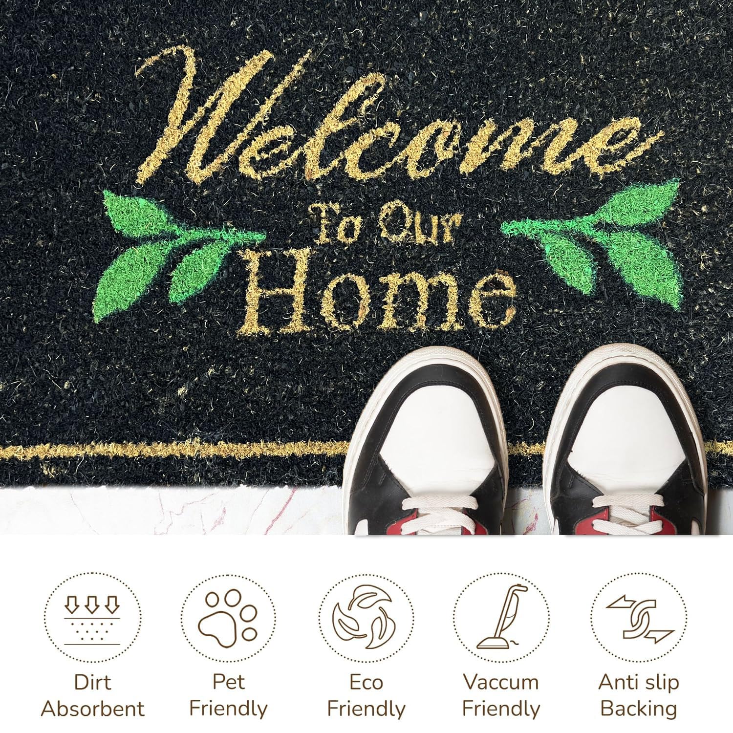 LUXE HOME INTERNATIONAL 100% Natural Coir Doormat for Home Entrance – Anti Skid with Rubber Backing Durable & Eco-Friendly Door Mat Coir Mat Indoor & Outdoor with Welcome to Our Home Print (71x45 cm)