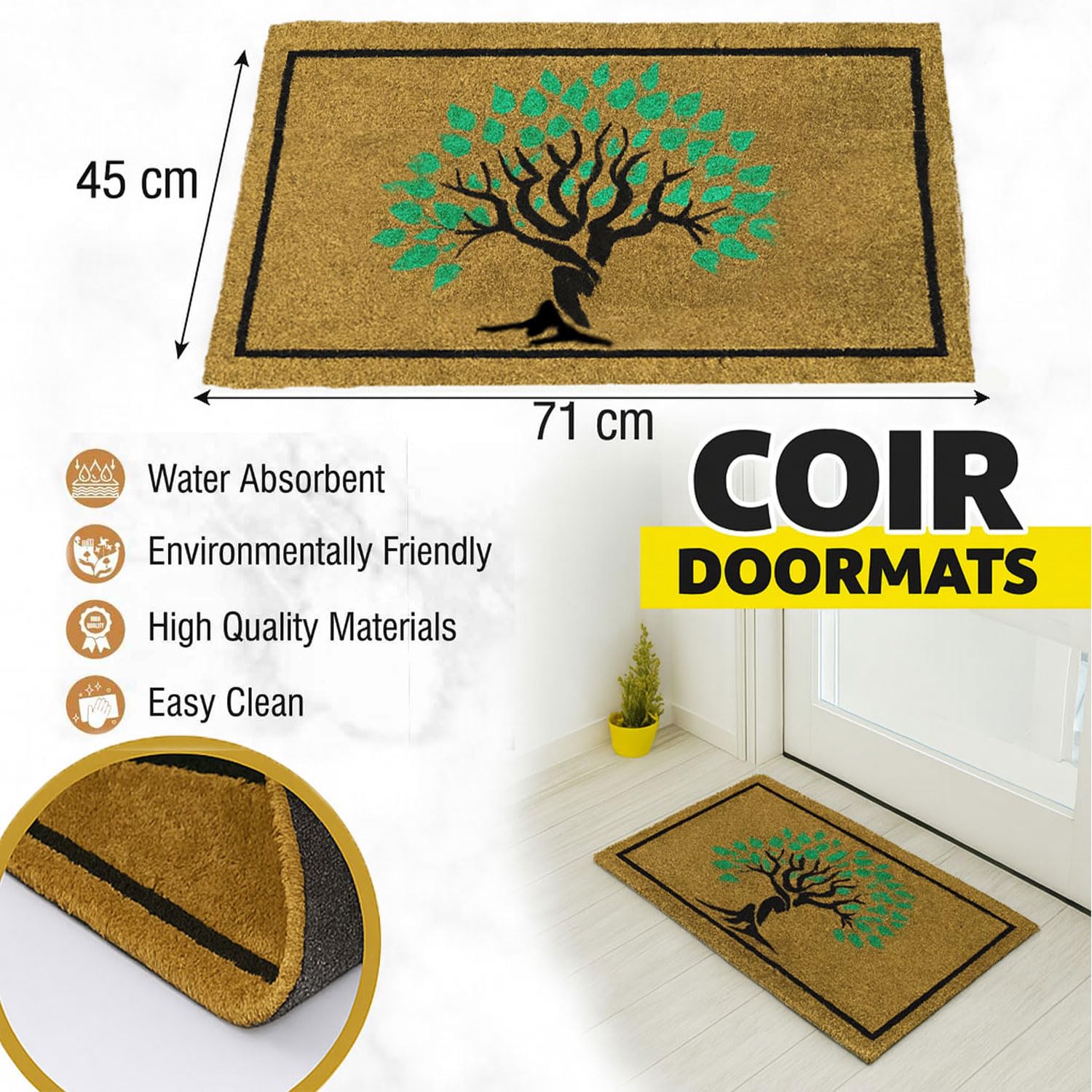 Coir Doormat for Home Entrance (Tree Print Design ,71x45 cm)
