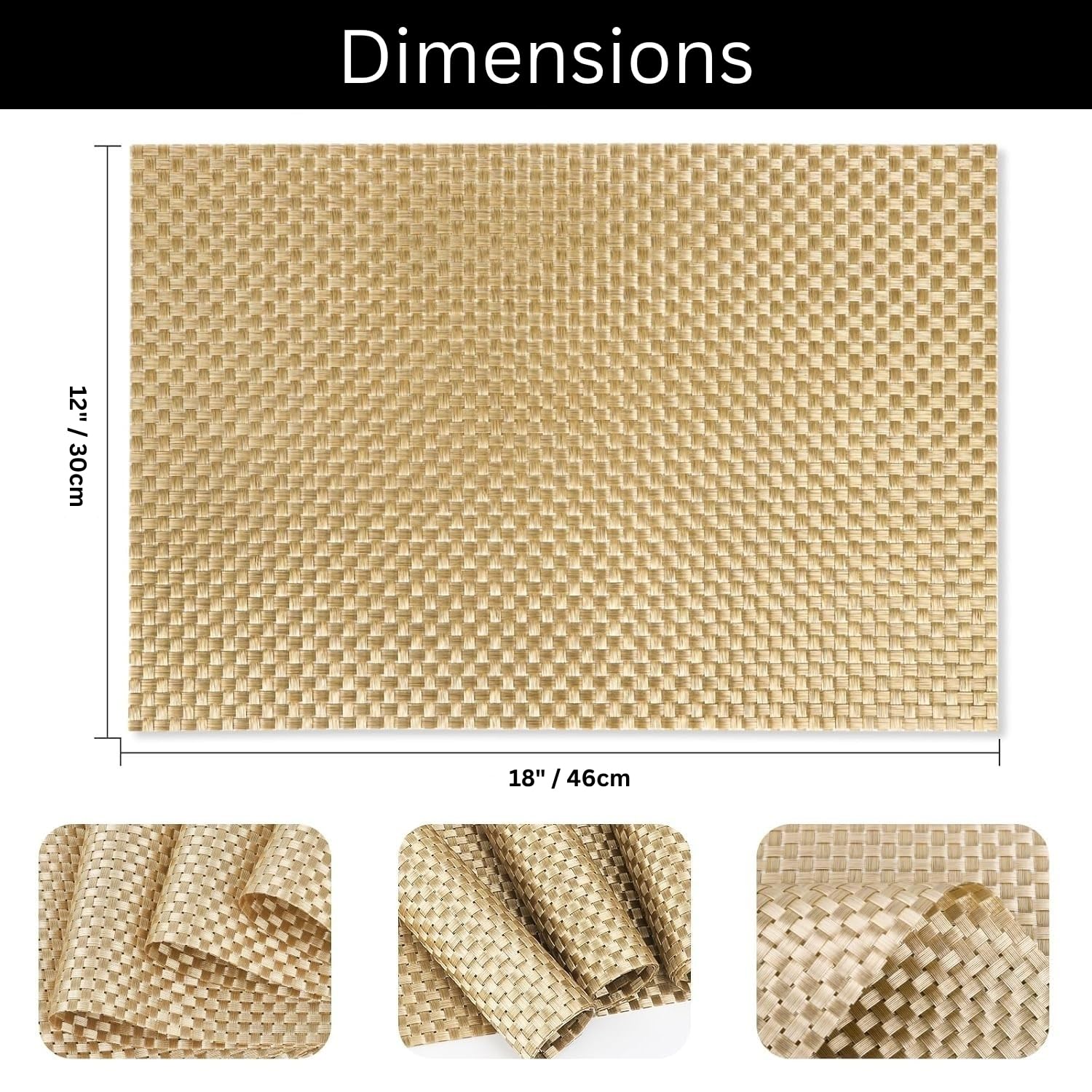 Luxe Home International PVC Vinyl Weave Design Placemat ST880064 – Heat Resistant, Wipe Clean, Anti-Skid Table Mats for Dining Table, Kitchen & Home Decor (30x45 CM Golden Set of 6)