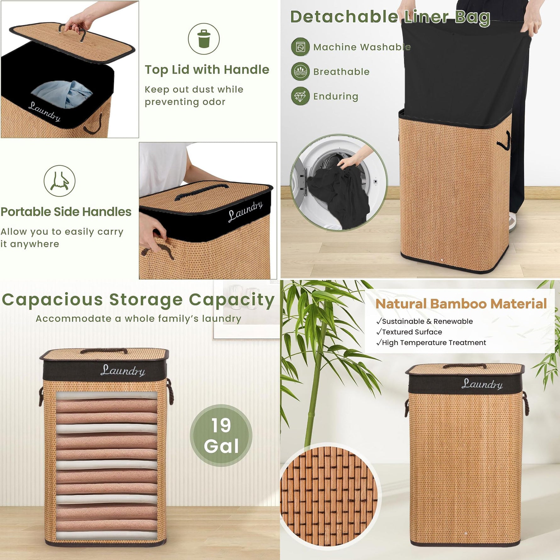 Rectangle Bamboo Laundry Basket with Lid (Natural, 40x30x60 cm)
