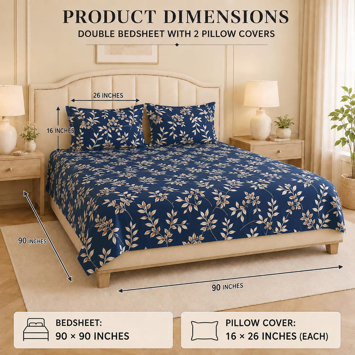 Double Bedsheet With 2 Pillow Covers Lines Pattern 200 TC 100% Cotton Feel ( Queen Size 90x90 Inch White Set Of 3 )