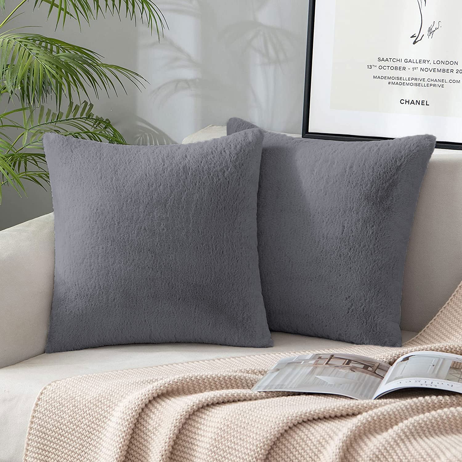 Cushion Cover One Side Rabbit Fur Pack of 2 (16 x 16 inch,Grey)