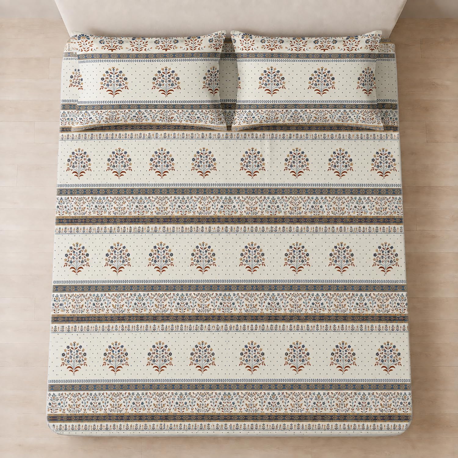 Double Bedsheet with 2 Pillow Covers Premium 240 TC 100% Cotton Feel ( King Size Ivory Blue 108x108 inch )