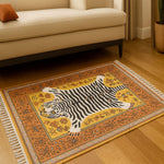 Polyester White Tiger Design Carpets with Tassel Latex Backing (3x5ft, Multi)