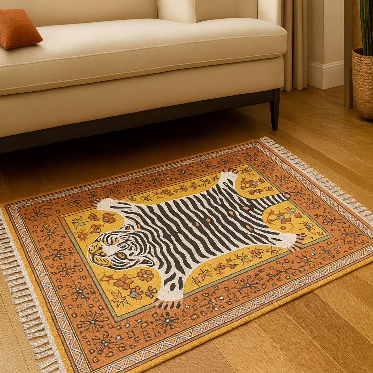 Polyester White Tiger Design Carpets with Tassel Latex Backing (4x6 ft, Multi)