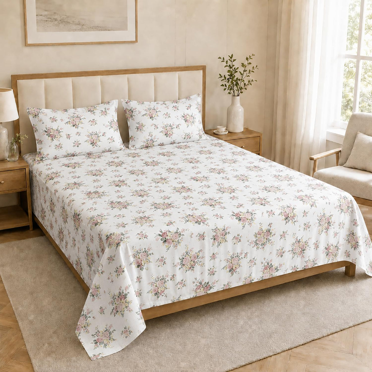 Double Bedsheet with 2 Pillow Covers 220 TC 100% Cotton Feel King Size ( White 90x100 inch )