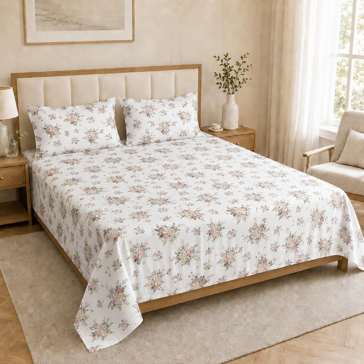 King Size Double Bedsheet with 2 Pillow Covers Premium Vintage Rose Posy Printed 90x100 inch
