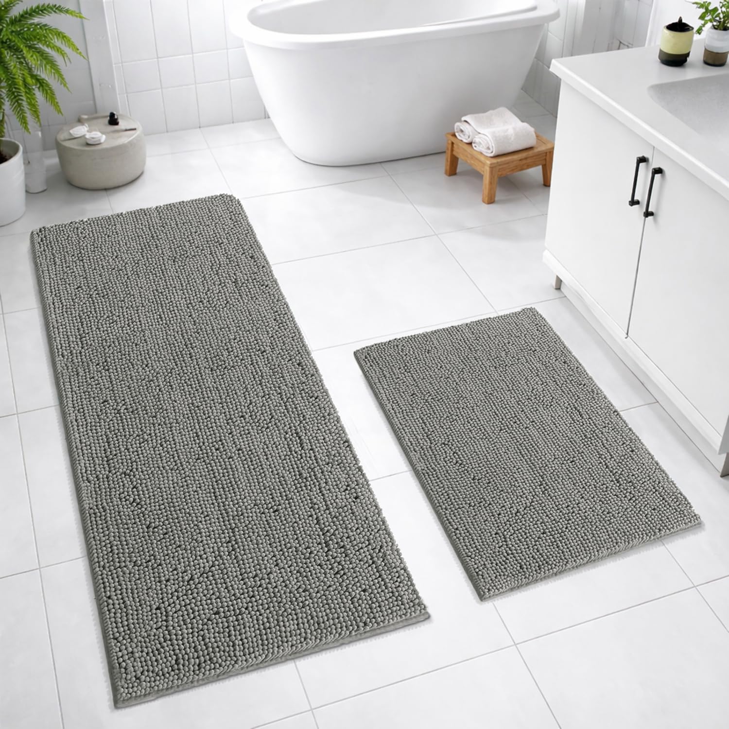 Chenille Super Absorbent Bath Mats  Pack of 2 (40x60cm 60x120cm Grey)