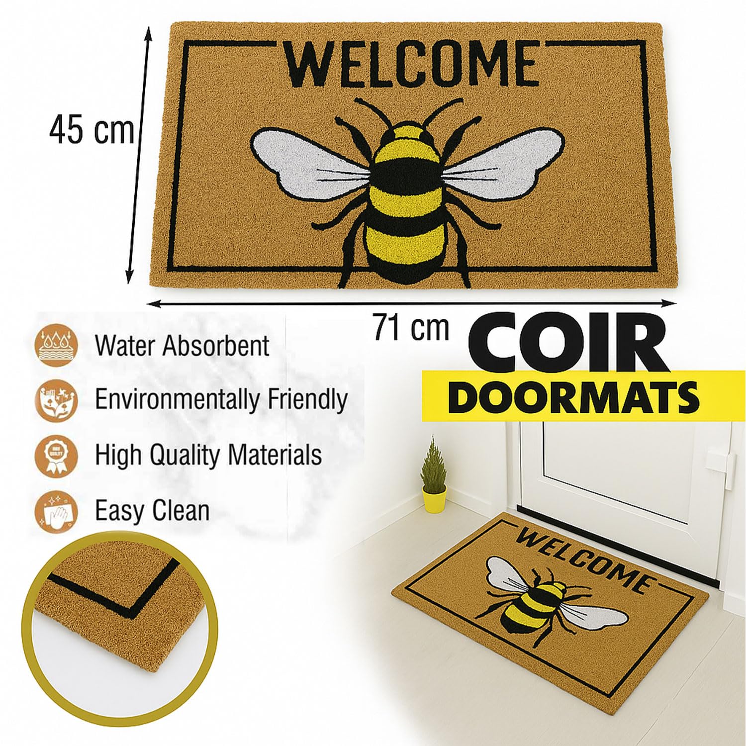 Coir Doormat for Home Entrance ( Bee Print Design ,71x45 cm)