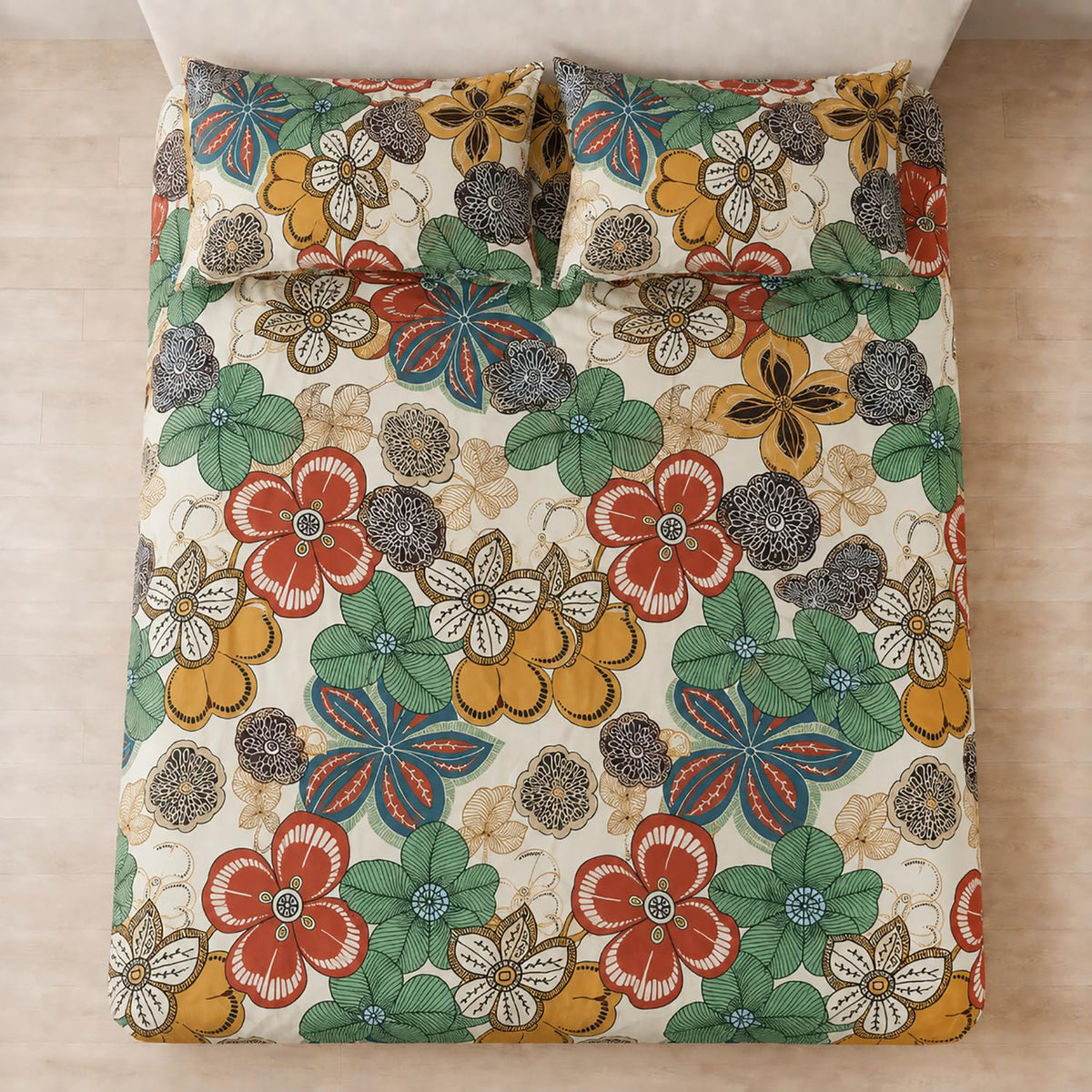 King Size Double Bedsheet with 2 Pillow Covers Premium Boho Garden Bloom Printed 90x100inch