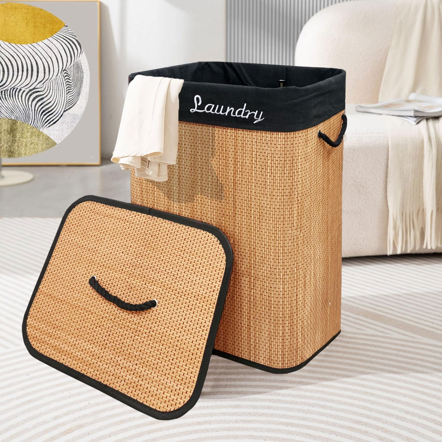 Rectangle Bamboo Laundry Basket with Lid (Natural, 40x30x60 cm)
