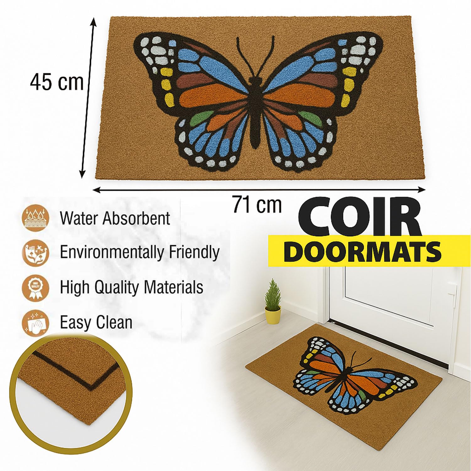 Coir Doormat for Home Entrance (Butterfly Print Design ,71x45 cm)