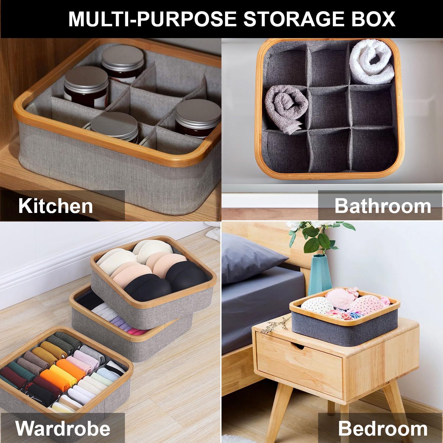 Bamboo Frame Fabric Drawer Organisers for Clothes (30x30 cm, Grey)