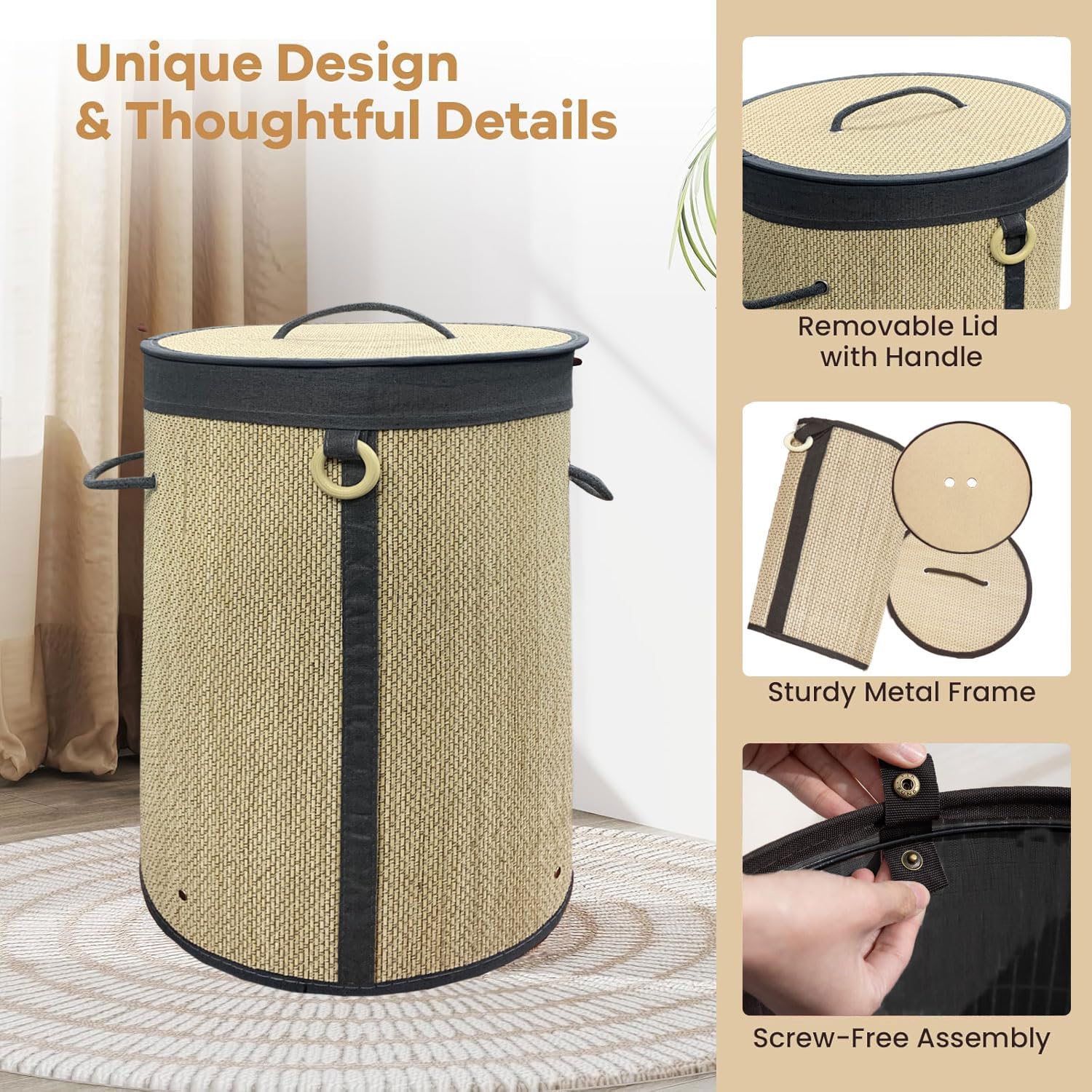 Round Bamboo Laundry Basket with Lid (Beige, 35x35x50 cm)
