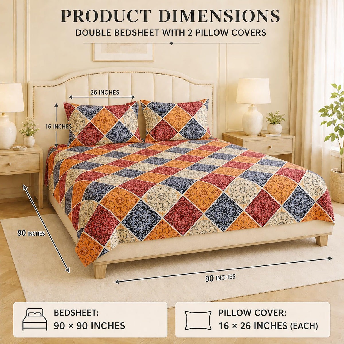 Double Bedsheet With 2 Pillow Covers Leefs Pattern 200 TC 100% Cotton Feel ( Queen Size 90x90 Inch Blue Set Of 3 )