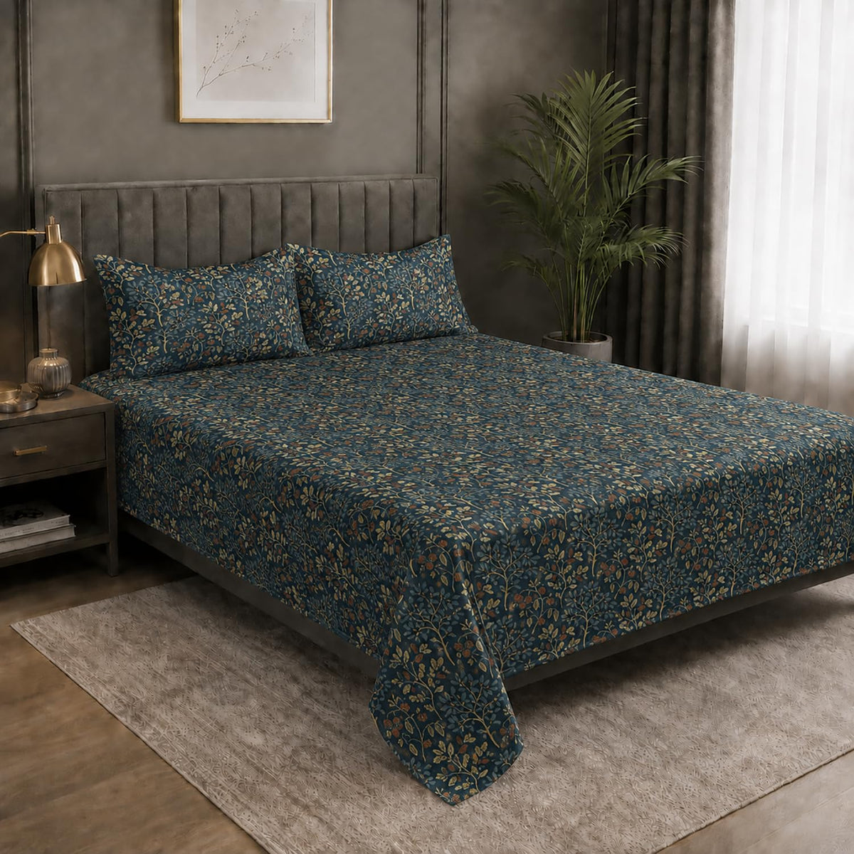 Double Bedsheet with 2 Pillow Covers Premium 240 TC 100% Cotton Feel King Size (108x108 inch , Blue )
