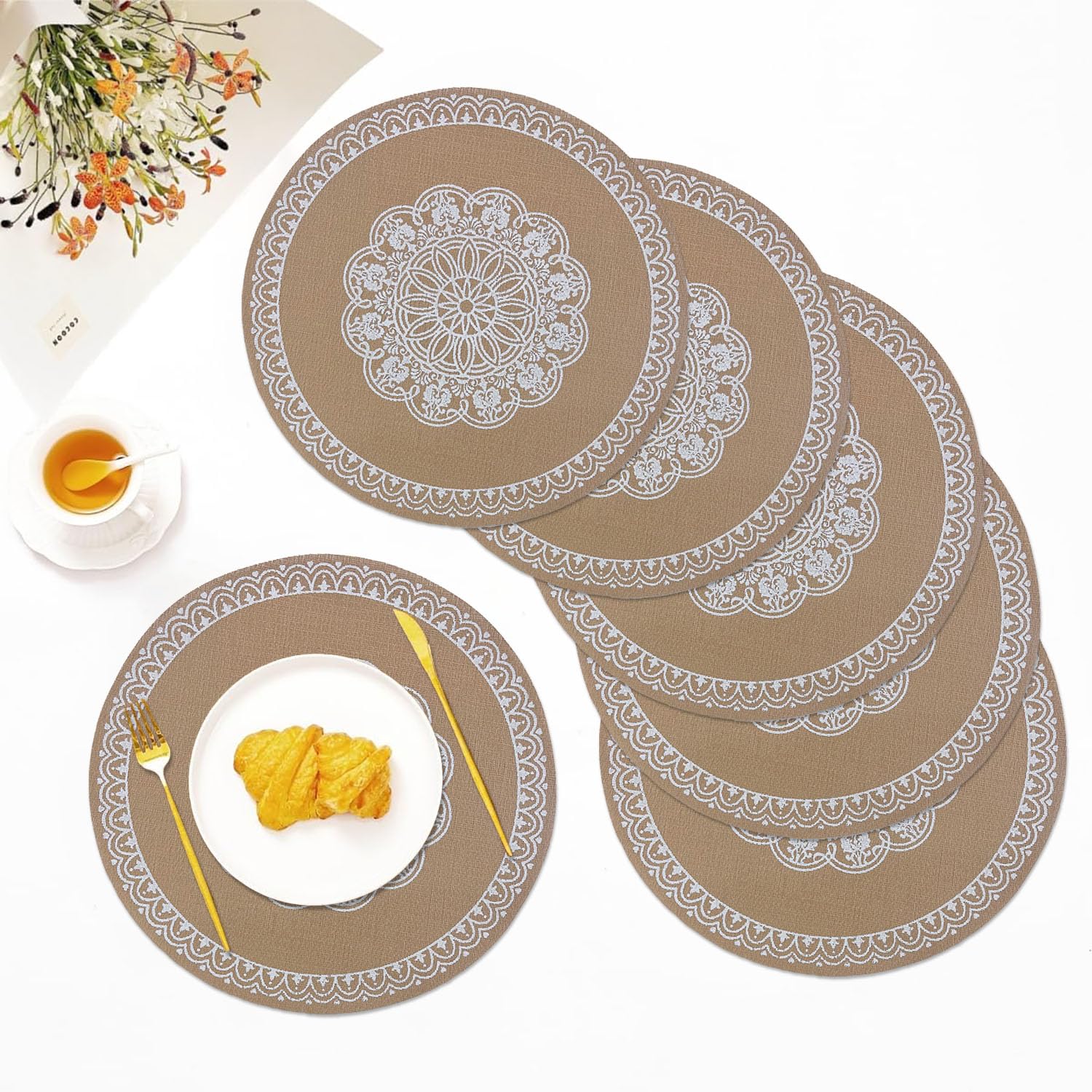 Round Table Placemats for Dining Table Set of 6(Beige)