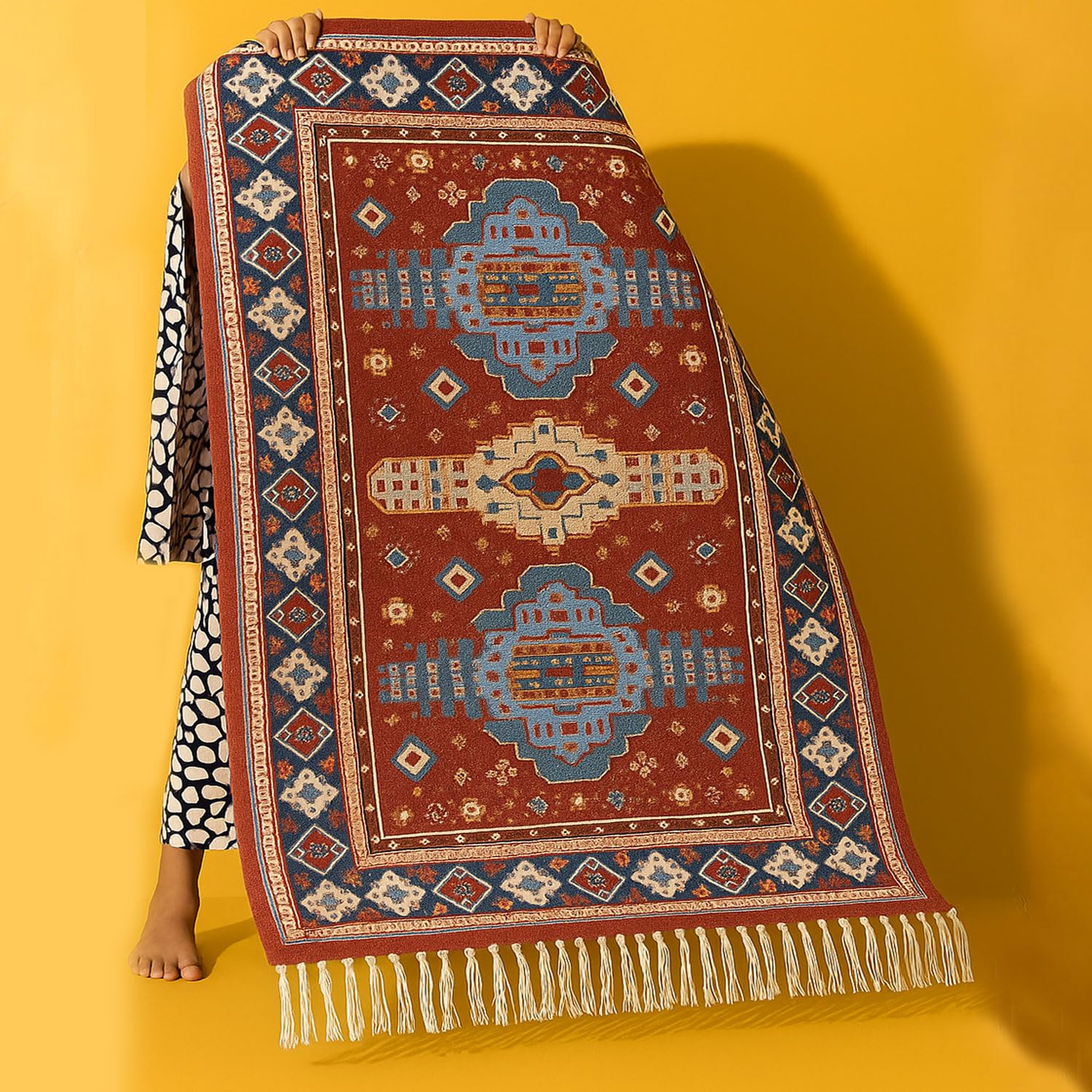 Polyester Killim Design Carpets with Tassel Latex Backing (3x5ft, Multi)