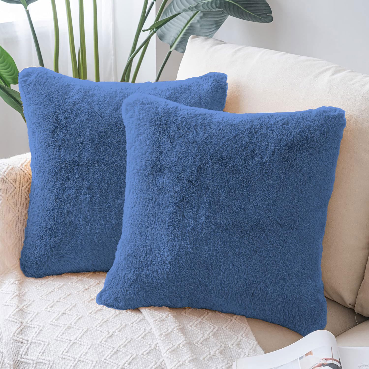 Cushion Cover Duble Side Rabbit Fur Set of 2(16 x 16 inch ,Blue)