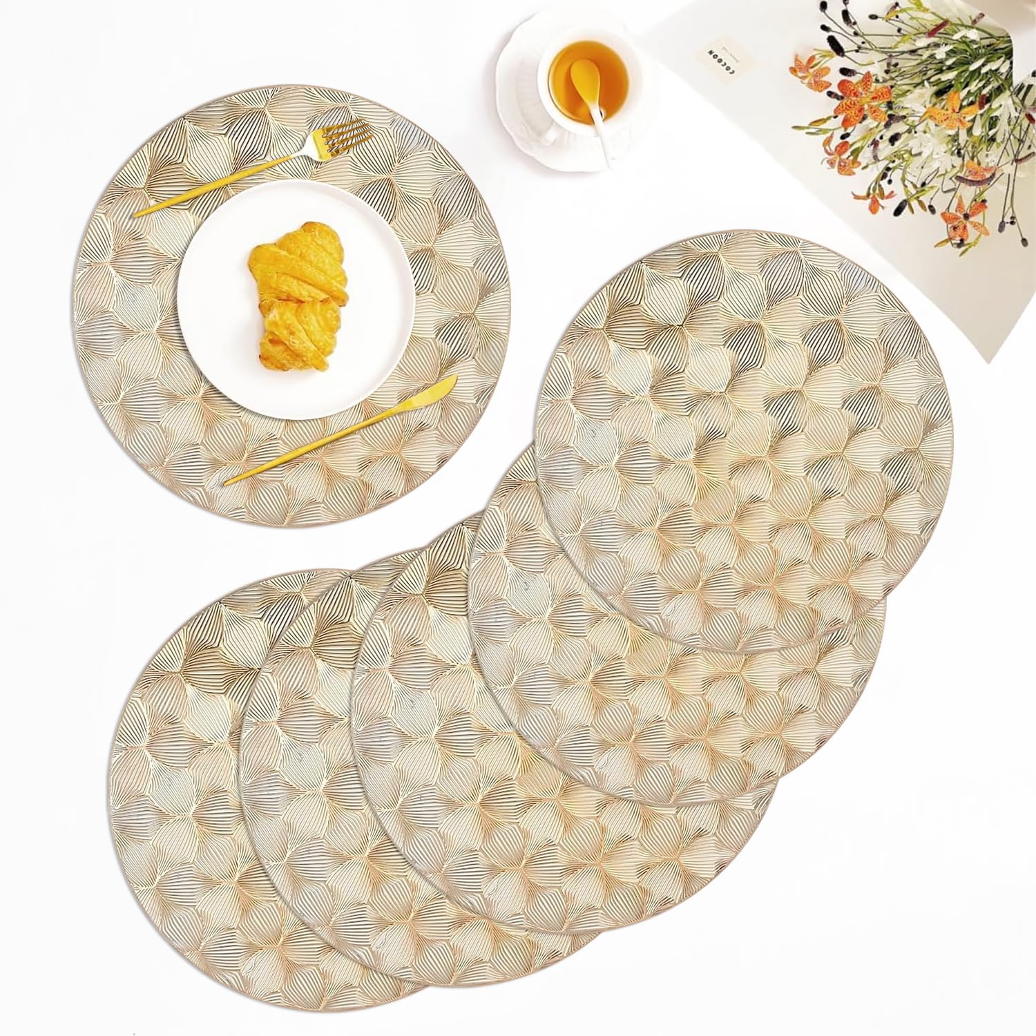 LUXE HOME INTERNATIONAL PVC Vinyl Metallic Table Round Placemats for Dining Table Gold, Heat Resistant & Waterproof | Easy to Clean Decorative Dining Mats - (Set of 6) ST078TJ-3MJ
